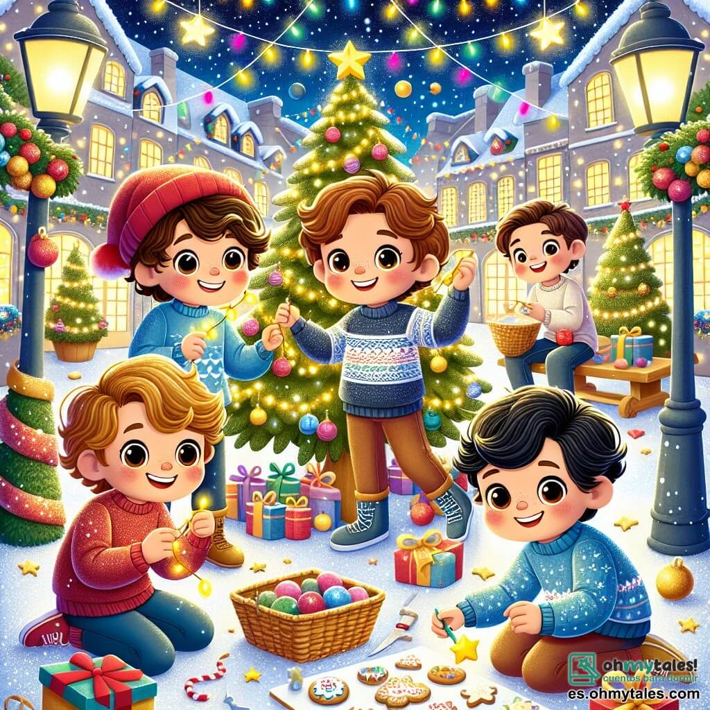 En un alegre patio nevado, cuatro chicos de once años están juntos, rodeados de decoraciones navideñas brillantes. Mateo, con cabello castaño y rizado, lleva un gorro rojo y una gran sonrisa, sosteniendo una guirnalda de luces. A su derecha, Lucas, con cabello rubio y ojos brillantes, cuelga estrellas doradas en las ramas de un árbol de Navidad. Daniel, con cabello castaño y gafas redondas, está sentado en una silla, decorando galletas navideñas con glaseado de colores. Finalmente, Pablo, el más alto del grupo, con cabello negro y un suéter azul, sostiene un cartel decorado con deseos navideños, sonriendo con orgullo. El patio está lleno de nieve brillante, con un gran árbol de Navidad en el centro, adornado con guirnaldas y bolas de colores. Luces multicolores iluminan el espacio, creando un ambiente cálido y festivo. Al fondo, se ve el edificio del ancianato, decorado con guirnaldas luminosas. Los cuatro amigos se preparan alegremente para una fiesta sorpresa de Navidad para los residentes del ancianato, llenos de emoción y amor, listos para compartir risas, música y dulces con sus nuevos amigos.