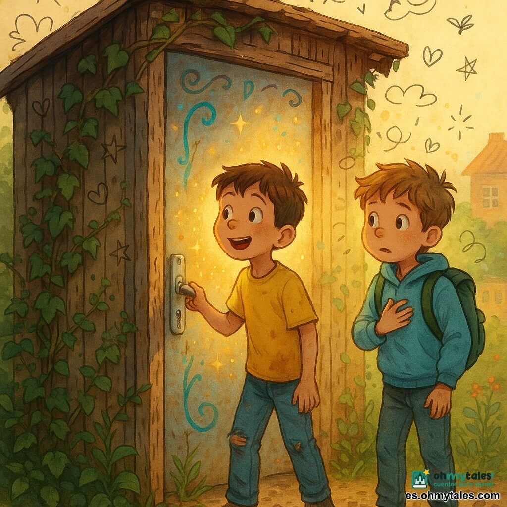 Hay dos niños: Tomás, ~8 años, cabello castaño corto, camiseta amarilla manchada y vaqueros remangados, sostiene la brillante aldaba metálica de la puerta y mira maravillado; Daniel, ~8 años, cabello castaño claro despeinado, sudadera azul clara y mochila verde, está un poco detrás a la derecha con la mano en el pecho, curioso y precavido. Lugar: un viejo cobertizo de madera desgastada entre raíces con hiedra y maleza, suelo de tierra; la puerta metálica tiene inscripciones que cambian de color (turquesa, oro, violeta) y una luz dorada se escapa por la parte inferior. Fondo: jardín soleado con flores, una casa de ladrillo desenfocada y pájaros estilo doodle en el cielo. Situación: los dos abren una puerta misteriosa de la que sale una cálida luz dorada y pequeñas chispas, atmósfera de descubrimiento, magia suave y aventura inocente; composición clara, colores vivos y texturas de madera agrietada y reflejos en la aldaba.