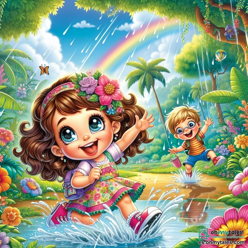 Una niña de 4 años, llamada Lila, con grandes ojos brillantes y cabello rizado castaño, lleva un vestido colorido y una mochila pequeña. Ella salta alegremente en un charco, salpicando a su alrededor, con una gran sonrisa en el rostro. A su lado, un niño de 5 años, Tomás, con cabello rubio y gafas redondas, ríe mientras salta en otro charco, con los brazos levantados. Un poco más lejos, una niña de 4 años, Sara, con cabello largo y liso, lleva una trenza y un vestido rosa, y está recogiendo una flor colorida, maravillada por su belleza. El escenario es una jungla exuberante, llena de árboles gigantes con hojas verdes brillantes, flores vibrantes de todos los colores y un cielo azul salpicado de nubes blancas. A lo lejos, un arcoíris brilla después de la lluvia, añadiendo un toque mágico a la escena. La situación principal muestra a Lila y sus amigos divirtiéndose juntos bajo la lluvia, saltando en los charcos y descubriendo la belleza de la naturaleza, riendo y maravillándose de las maravillas de la jungla.