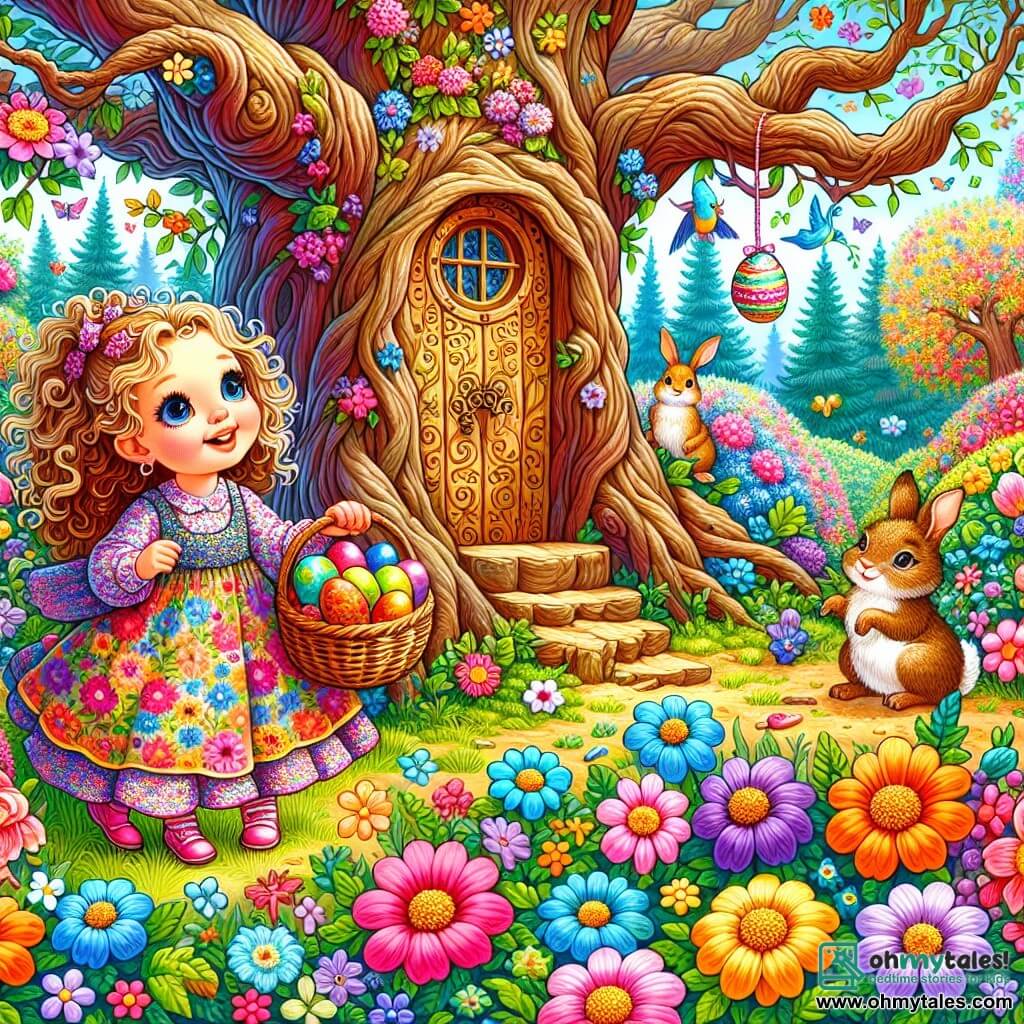 A 4-year-old girl with sparkling big eyes and curly blonde hair is wearing a colorful dress adorned with flowers. She smiles in wonder, holding a wicker basket filled with colorful Easter eggs. Next to her, her mother, a smiling woman in her thirties with brown hair tied in a bun and a light dress, encourages her with a warm look, standing slightly back to observe her daughter. The setting is an enchanted garden bathed in golden light, filled with vibrant flowers of all colors, large trees with gnarled trunks, and a small magical wooden door at the base of a majestic tree. The main scene shows the little girl discovering a secret path in the garden, surrounded by joyful animals like rabbits and birds, as she prepares to open the magical door, ready to enter a fairy tale world filled with Easter surprises.