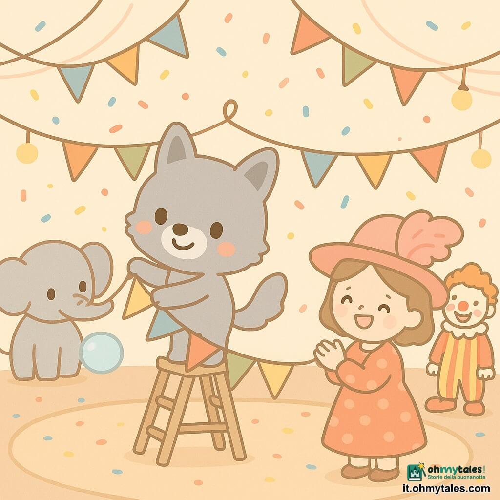 Un piccolo lupo antropomorfo grigio, sorridente e fiero, sale una scala di legno e tira una corda per appendere fanion colorati mentre la direttrice del circo, la Signora Piuma con grande cappello rosa piumato e vestito a pois, applaude al centro della pista; un elefante buffo grigio chiaro con proboscide corta soffia una bolla di sapone a sinistra del lupo e un clown con scarpe lunghe e costume a righe rosse e gialle ride accanto a una scatola di cappelli rovesciata; il tutto sotto un grande tendone circolare con pista marrone chiaro lucida, ghirlande di fanion multicolori, luci calde e coriandoli che cadono; scena centrata, atmosfera gioiosa, colori pastello vivaci, stile semplice a forme arrotondate e ampi spazi vuoti per un effetto rassicurante.