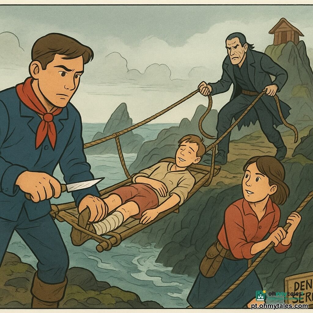 Um homem, Tomás, rosto calmo e determinado, corta discretamente finos fios invisíveis com pequena lâmina; veste blusa de marinheiro azul, lenço vermelho no pescoço e botas gastas, em pé na margem rochosa perto de uma velha passarela de corda. Um adolescente, Zeca (c.15 anos), ferido no pé, deitado numa pequena maca de lona, rosto pálido mas sorrindo apesar da dor, perna enfaixada no meio da passarela enquanto amigos o ajudam a atravessar. Uma jovem, Bia (20–25 anos), timoneira com cinta de ferramentas, segura uma corda firme de um lado da passarela, olhar vigilante voltado para a ameaça; ligeiramente atrás de Tomás, pronta para puxar. O antagonista, Sino Negro (35–45 anos), rosto pálido e sorrateiro, casaco escuro rasgado, segura à distância um pequeno sinete de metal e puxa fios ocultos para balançar a passarela; está na encosta oposta, surpreendido e em desequilíbrio. Cenário: ilhote rochoso pontiagudo chamado Dente da Sereia, pedras negras molhadas, musgo verde, faixa estreita de areia, céu enevoado com luz difusa, cabana de madeira torta no alto; a passarela de cordas desgastadas pende sobre um buraco de água espumante. Situação: momento heróico de tensão em que Tomás, sereno e corajoso, corta os fios trapaceiros para salvar Zeca; composição dinâmica, cores quentes nos personagens e tons frios na névoa e nas rochas, texturas visíveis e silhuetas claras, estilo de banda desenhada europeia.