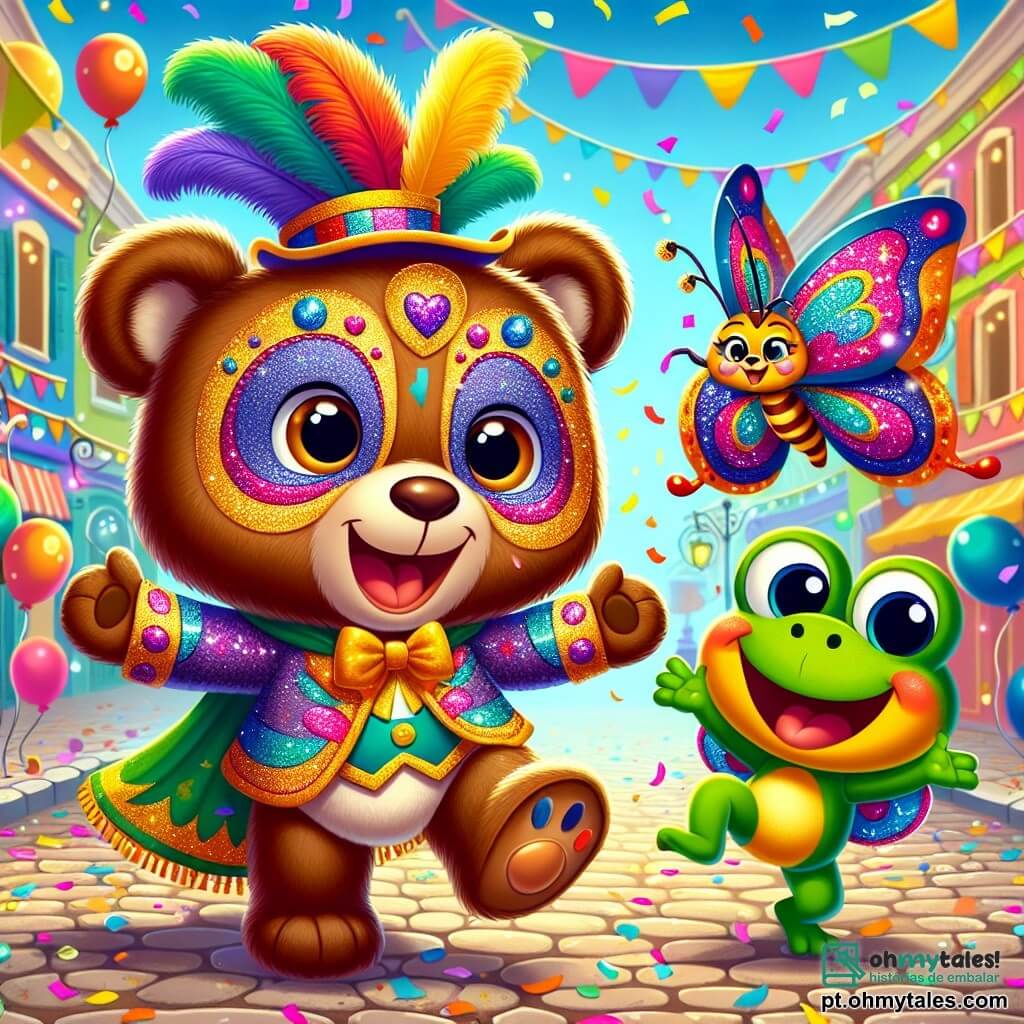Um pequeno ursinho de pelúcia chamado Tico, com pelagem marrom macia e olhos brilhantes de alegria, dança entusiasticamente no meio de uma rua colorida, vestindo uma fantasia de carnaval vibrante com penas e brilhos. Ao seu lado, uma linda borboleta chamada Lili, com asas multicoloridas brilhantes, voa alegremente batendo as asas, enquanto um pequeno sapo verde chamado Pepe, com um sorriso travesso, salta no chão pavimentado, cercado de confetes. O cenário é uma rua festiva, decorada com guirlandas coloridas, balões flutuantes e luzes cintilantes, criando uma atmosfera alegre e vibrante. A cena mostra Tico, Lili e Pepe celebrando juntos a magia do carnaval, lançando confetes ao ar, cheios de excitação e amizade.