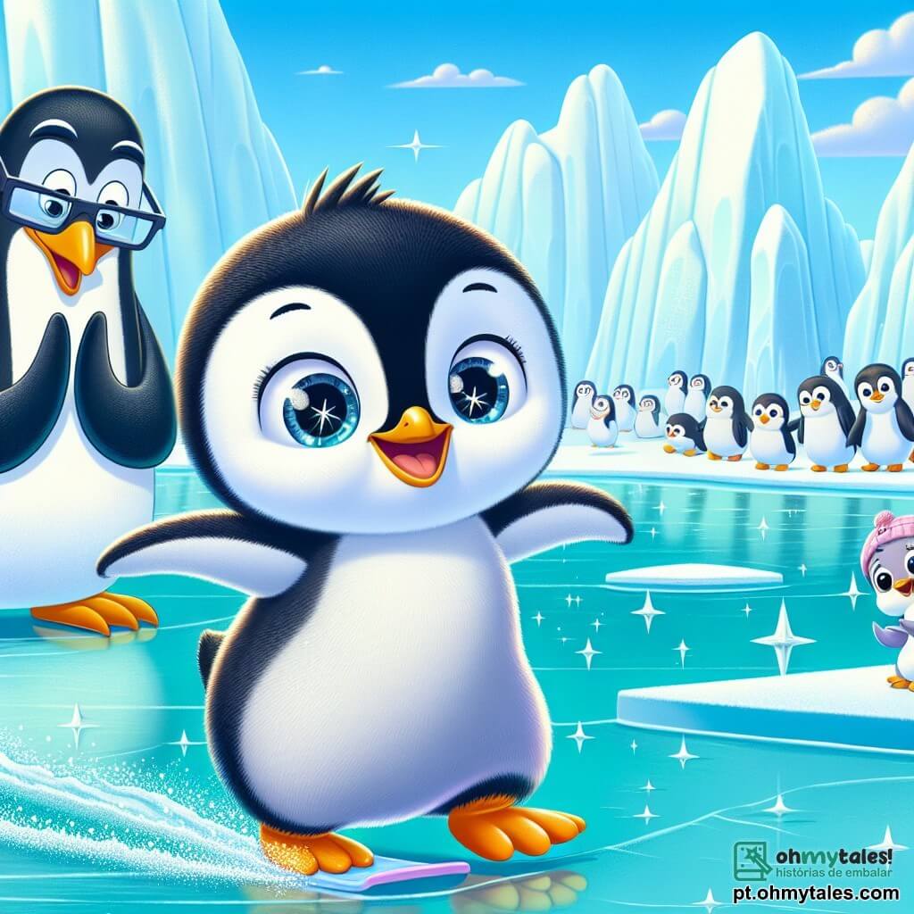 Um pequeno pinguim chamado Pipo, com plumagem preta e branca brilhante, está em cima do gelo, com um grande sorriso no rosto e olhos brilhantes de alegria e determinação. Ele desliza graciosamente na superfície da água, usando sua nadadeira curta para se impulsionar, enquanto faz uma pirueta alegre. Perto dele, uma pinguim chamada Lila, com plumagem suave e olhos brilhantes, aplaude entusiasticamente, seu rosto radiante de admiração. Um velho pinguim sábio, o Sr. Pingu, com um ar benevolente e óculos no nariz, observa com orgulho, com as asas cruzadas, mantendo-se um pouco afastado. O cenário é uma vasta extensão de gelo cintilante sob um céu azul claro, pontilhado de nuvens brancas e fofas. Icebergs majestosos se erguem no horizonte, e outros pinguins, reunidos ao redor, assistem com espanto. A cena principal mostra Pipo deslizando com entusiasmo, celebrando sua diferença e inspirando seus amigos a se juntarem a ele na alegria do movimento e da amizade.