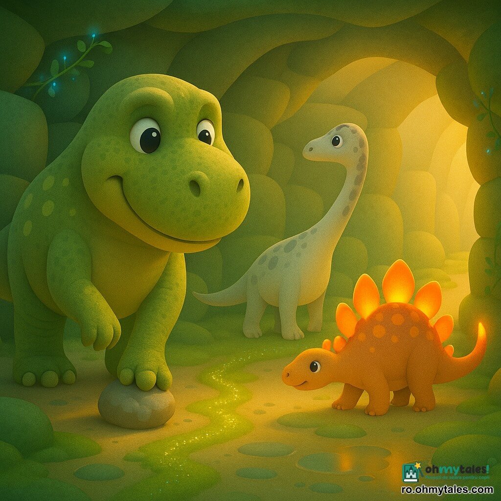Un Tyrannosaurus Rex numit Tauri, mare și blând, cu față rotundă și ochi strălucitori, piele verde-olive cu pete mai deschise, deschide calea cu o labă și împinge ușor o pietricică; Rufus, un diplodoc subțire și timid cu gât petecat crem și gri, ascultă ecourile și urmează o urmă de mușchi sclipitor, aflat imediat în spatele lui Tauri; Lini, un stegozaur mic cu plăci dorsale care luminează ca niște felinare portocalii, agită coada luminoasă pentru a ilumina peștera, poziționat lateral spre ieșire; decorul e un labirint de piatră netedă cu pereți acoperiți de mușchi verde, liane cu flori albastre sclipitoare și sol neregulat cu bălți strălucitoare, lumină aurie filtrată, atmosferă caldă și culori saturate.