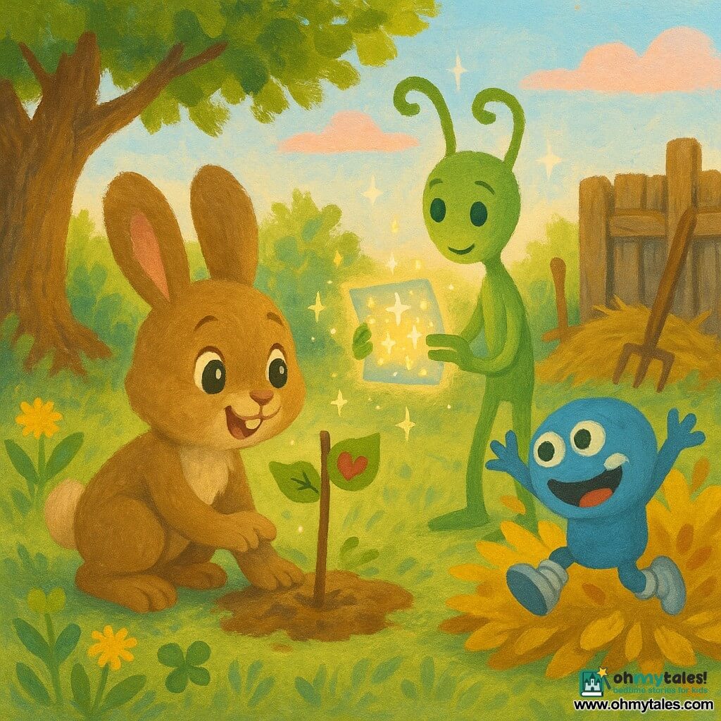 A small brown-furred rabbit kneeling to plant a tiny stick-and-leaf flag with a mud heart; a round blue three-eyed alien with silver bouncing boots leaps into a leaf pile to the rabbit’s right; a slender green alien with noodle antennas tenderly offers a small glowing card while standing by an old wooden pen; sunny intimate garden with an old oak to the left, wooden pen with straw and tools, clover and dandelions, soft leaf pile, textured green grass and a clear sky with pink clouds; a warm, surprised meeting exchanging a friendship flag and glowing card with sparkles and stardust, soft wonder, pastel gouache palette and visible brushstrokes.
