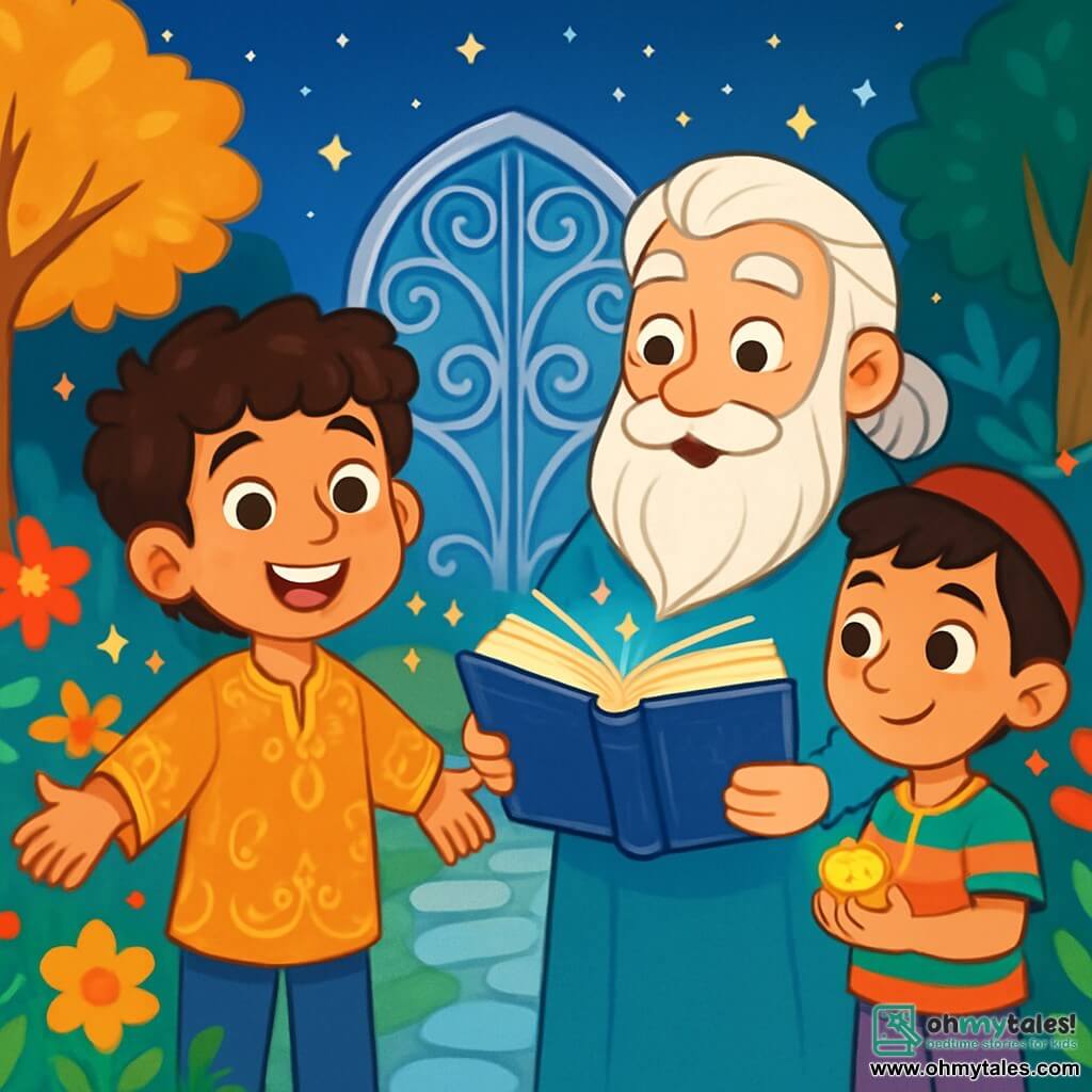Amir, a young man with sparkling eyes and curly brown hair, stands at the center of the scene, his face radiant with wonder and curiosity. He wears a light tunic with golden patterns, and his arms are open as if welcoming a new adventure. Beside him, Samir, an older man with a long silver beard and a kind smile, holds a magical book with shimmering pages, his eyes shining with intelligence and wisdom. Rami, a young boy in colorful clothes with a mischievous look, stands slightly back, holding a small sparkling treasure in his hand, his expression full of hope. The scene takes place in an enchanting garden, where bright flowers dance in a gentle breeze. Majestic trees with golden leaves rise, and a path of sparkling stones winds through the landscape. In the distance, a starry sky illuminates the night, creating a magical atmosphere. The three characters stand before a silver door adorned with delicate patterns, ready to open into a new world. The air is charged with excitement, and the moment is filled with anticipation as they prepare to discover the wonders of the Kingdom of Curiosity.