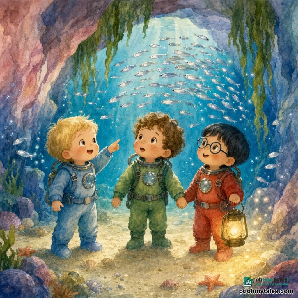 Três meninos de 3 anos: Leo, cabelos loiros curtos, olhos curiosos, veste roupa de mergulho azul-claro, à esquerda apontando e sorrindo para um cardume de sardinhas; Rui, cabelos castanhos encaracolados com sardas, veste roupa verde, no centro segurando as mãos dos outros e maravilhado com a luz dos peixes; Tomé, cabelos pretos lisos, óculos redondos de brinquedo, veste roupa vermelha, à direita segurando uma pequena lanterna que projeta manchas douradas. Cena numa caverna submarina de paredes rosa e azul cobertas por algas verdes que se abrem como cortinas, chão de areia bege com conchas, água transparente turquesa com bolhas prateadas; os três em círculo perto da abertura observam um grande cardume de sardinhas prateadas passando em onda brilhante, com peixinhos luminosos criando pontos cintilantes ao redor e expressões de encanto e calma.