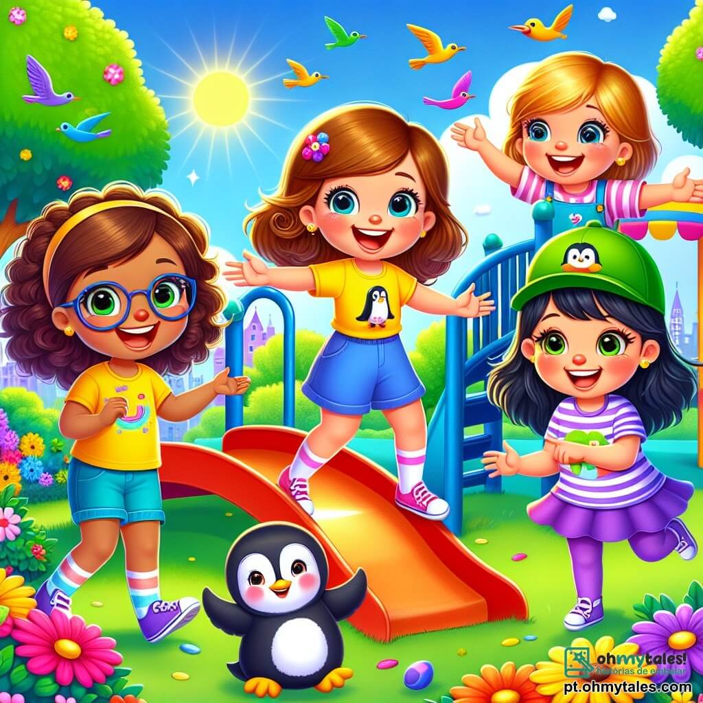 Quatro meninas alegres, com cerca de 8 anos, estão em um parque colorido. Ana, com cabelos castanhos e óculos redondos, usa uma camiseta amarela e um short azul, sorrindo enquanto levanta os braços. Bia, com cabelos loiros e cacheados, veste um vestido rosa e faz um gesto de surpresa. Clara, com cabelos castanhos e um boné verde, usa uma camiseta listrada e olha ao redor com curiosidade. Duda, com cabelos negros e lisos, está de leggings roxas e uma camiseta com estampas de pinguins, apontando para um grande escorregador. O parque é vibrante, com flores coloridas, árvores verdes e um grande escorregador vermelho brilhando ao sol. Ao fundo, um lago brilha e pássaros voam no céu azul. As meninas estão procurando um pinguim de pelúcia perdido, rindo e se perguntando onde ele pode estar, criando uma atmosfera alegre e lúdica.