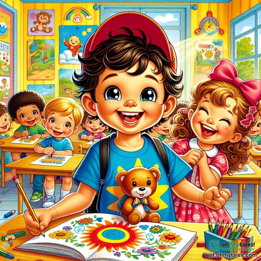 Um menino de 6 anos, Miguel, está no centro da imagem, com um grande sorriso no rosto e os olhos brilhando de excitação. Ele usa uma camiseta azul vibrante com um desenho de sol e um boné vermelho, segurando um pequeno ursinho de pelúcia nos braços. Ao lado dele, uma menina de 6 anos chamada Ana, com cabelos cacheados e um bonito laço rosa, sorri alegremente enquanto segura um desenho colorido de flores. Ao fundo, uma sala de aula iluminada e acolhedora, com paredes amarelas, cartazes coloridos sobre aprendizado e mesas de madeira onde outras crianças estão sentadas, desenhando. A cena principal mostra Miguel e Ana, cercados pelos colegas, compartilhando seus desenhos e rindo juntos, celebrando o início do ano letivo com entusiasmo e amizade.