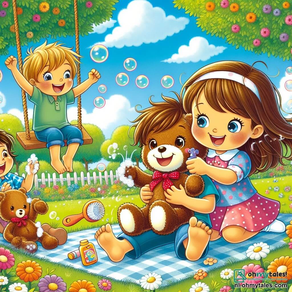 Een 6-jarig meisje, Lotte, met lange bruine haren en sprankelende ogen, zit op het groene gras van een zonnig park. Ze heeft een grote glimlach op haar gezicht, blij dat ze haar knuffel, Benny, een bruine teddybeer met een mooie rode sjaal, weer heeft gevonden. Naast haar springt haar vriend Max, een 6-jarig jongetje met rommelig blond haar en een blauwe t-shirt, van blijdschap met zijn armen omhoog. Emma, een andere 6-jarige vriendin met kastanjebruine haren en een roze jurk met stippen, zit bij Lotte en wrijft met een spons over Benny, terwijl ze lacht. Het park is vol kleurrijke bloemen, grote bomen met groene bladeren en een houten schommel die zachtjes in de wind wiegt. In de verte is er een heldere blauwe lucht met enkele pluizige witte wolken. De scène toont Lotte, Max en Emma, allemaal glimlachend en gelukkig, omringd door zwevende zeepbellen, die de terugkeer van Benny vieren na een dag vol avontuur en lachen.