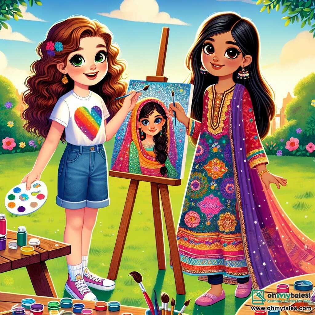 A 12-year-old girl, Ella, with curly brown hair and sparkling curious eyes, stands in the center of the image, smiling and full of enthusiasm. She wears a colorful t-shirt and denim shorts, holding a paint palette in one hand and a brush in the other, ready to create a piece of art. Next to her is Amina, a 12-year-old girl of Pakistani descent, with long, smooth black hair, wearing a colorful traditional dress. She smiles proudly, holding a canvas on which she has painted vibrant patterns from her culture. Amina stands slightly back, but her gaze is on Ella, sharing a moment of connection. Their environment is a sunny garden filled with bright flowers and lush trees, with a wooden picnic table scattered with paint pots and brushes. The blue sky has a few white clouds, creating a joyful and welcoming atmosphere. The main scene shows Ella and Amina painting together, celebrating their friendship and diversity through art, illustrating the theme of tolerance and acceptance of cultural differences.