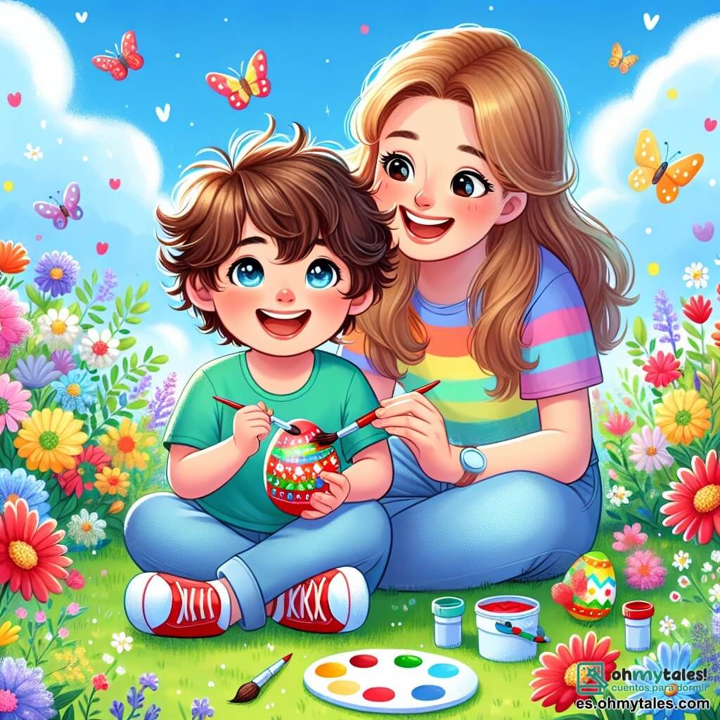 Un niño pequeño de 2 años, Lucas, con cabello castaño desordenado y ojos brillantes de alegría, está sentado en la hierba verde del jardín, rodeado de flores coloridas. Sostiene un huevo de Pascua rojo en sus manos, con una gran sonrisa iluminando su rostro. A su lado, su mamá, una mujer de unos treinta años con cabello largo y rubio, vestida con una camiseta colorida y pantalones de mezclilla, lo anima con una sonrisa cálida, mientras sostiene un pincel y una paleta de pintura. El jardín está lleno de flores brillantes de todos los colores, con mariposas revoloteando alrededor, y un cielo azul claro salpicado de nubes blancas. Lucas está pintando huevos de Pascua con su mamá, creando decoraciones alegres, mientras risas y destellos de colores llenan el aire, haciendo de este momento algo mágico y festivo.