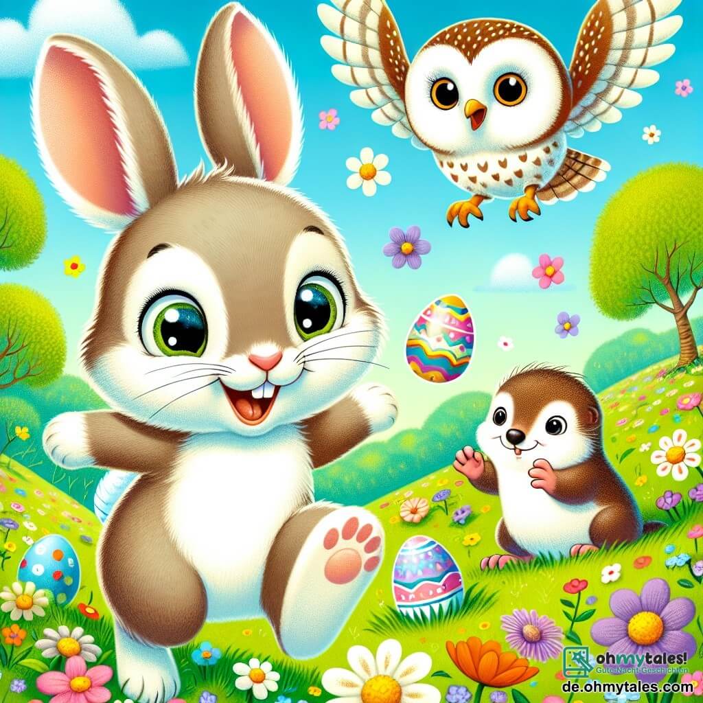 Ein kleiner Hase namens Max mit einem weichen, braunen Fell, großen aufrechten Ohren und strahlenden Augen springt begeistert mitten in einer blühenden Wiese mit einem breiten Lächeln im Gesicht. Neben ihm fliegt Lila, eine Eule mit weißen und grauen Federn und runden, neugierigen Augen, leicht über ihn hinweg und zeigt einen Ausdruck der Aufregung. Toby, ein kleiner Maulwurf mit dunkelbraunem Fell und einer rosa Nase, taucht aus der Erde auf, seine Augen strahlen vor Glück, während er ein buntes Ei in seinen kleinen Pfoten hält. Die Szene spielt sich in einer sonnigen Wiese ab, die mit bunten Blumen übersät ist, im Hintergrund stehen grüne Bäume und der Himmel ist blau mit flauschigen weißen Wolken. Max, Lila und Toby feiern den Frühling, indem sie bunte Eier suchen, die unter den Blumen versteckt sind, voller Freude und Freundschaft.