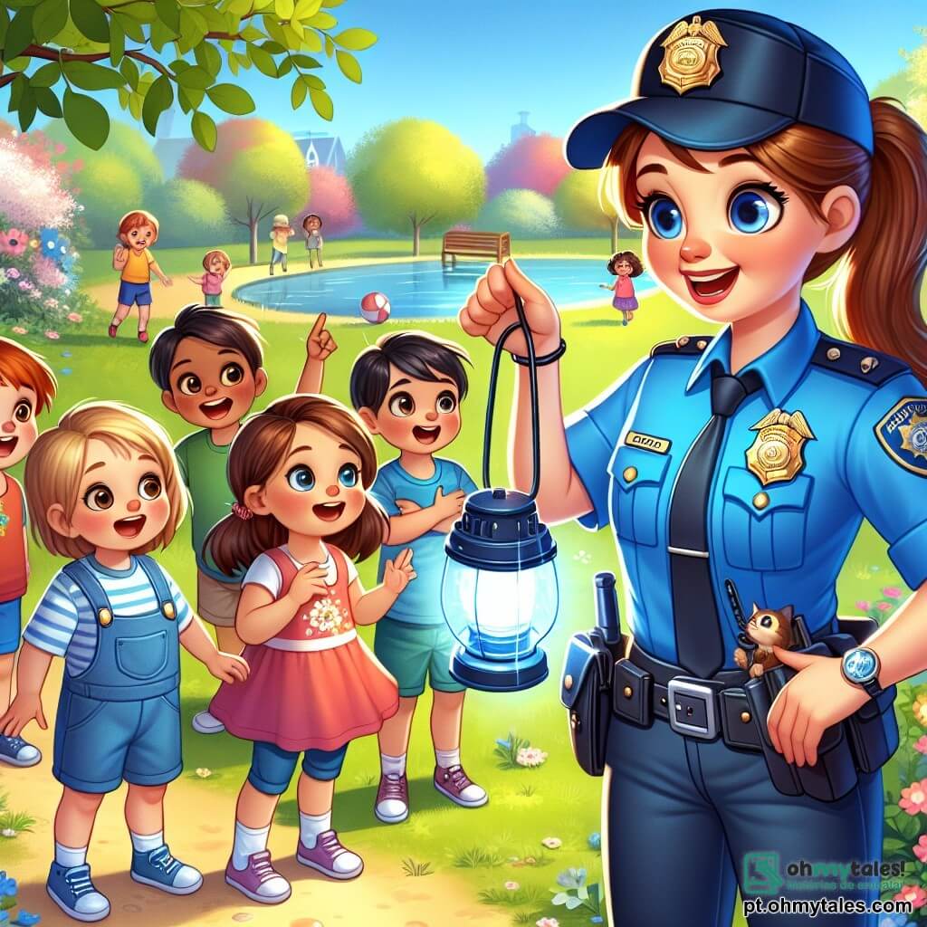 A policial Ana, uma mulher sorridente de cerca de trinta anos, veste um uniforme azul brilhante sob o sol. Seus cabelos castanhos estão presos em um rabo de cavalo e ela tem um olhar caloroso e encorajador. Ela está em pé, mostrando uma lanterna a um grupo de crianças, com uma expressão entusiasmada no rosto. Lucas, um menino de oito anos, está ao seu lado, vestindo um colete de policial muito grande para ele, com olhos brilhantes de excitação. Sofia, uma menina de sete anos, está um pouco atrás, segurando uma pequena lanterna e sorrindo maravilhada, pronta para fazer perguntas. Miguel, um menino de nove anos, observa atentamente, com os braços cruzados e uma expressão curiosa. A cena acontece em um parque verdejante, cheio de flores coloridas e árvores majestosas, onde as crianças brincam e riem. Ao fundo, um grupo de crianças joga bola, enquanto um gato está empoleirado em um galho, adicionando um toque de aventura à ilustração. A situação principal mostra Ana explicando às crianças a importância da segurança, enquanto lhes ensina a usar ferramentas de polícia, criando um momento de aprendizado alegre e envolvente.