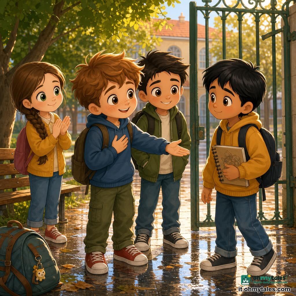 Tommaso, 10 anni, viso rotondo con lentiggini e capelli castano chiaro, con espressione contrita ma calda tiene una mano sul petto e l’altra tesa in invito; Amir, 10 anni, di origine mediorientale, pelle olivastra, capelli neri lisci, timido che si fa sorridente, tiene un piccolo taccuino da disegno sotto il braccio e risponde al gesto vicino al cancello della scuola; Sofia, circa 10 anni, pelle chiara e capelli lunghi intrecciati, sorride e applaude sullo sfondo; Edo, circa 10 anni, pelle chiara e capelli corti scuri, sta accanto a Tommaso incoraggiandolo; cortile scolastico lastricato con cancello di ferro verde, panchina, zaino a terra, alberi con foglie bagnate, luce dolce di fine pomeriggio e pozzanghere riflettenti, atmosfera di riconciliazione e inclusione mentre Tommaso invita Amir a giocare al parco dopo scuola.