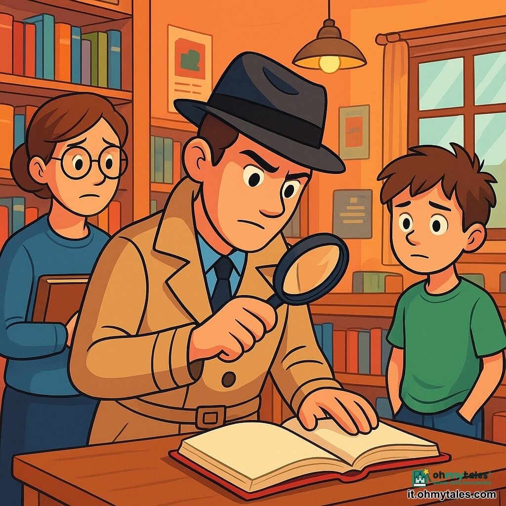 Un uomo detective, Marco, è in piedi al centro della biblioteca, con uno sguardo determinato e curioso. Indossa un trench beige, un cappello nero e tiene una lente d'ingrandimento nella mano destra, scrutando attentamente un libro aperto su un tavolo di legno. Alla sua sinistra, una donna di mezza età, la bibliotecaria Madame Bianchi, con occhiali rotondi e capelli castani, osserva Marco con un misto di preoccupazione e speranza, indossando un maglione blu e tenendo un libro contro il petto. A destra di Marco, un giovane ragazzo di nome Luca, di circa 10 anni, con capelli castani disordinati e una maglietta verde, guarda il detective con un'espressione colpevole, le mani nelle tasche dei pantaloni. La biblioteca è spaziosa, con scaffali pieni di libri colorati, tavoli di legno e lampade antiche che diffondono una luce soffusa. La scena principale mostra Marco che esamina il libro mancante, mentre Luca, visibilmente nervoso, si prepara ad ammettere il suo errore, creando un'atmosfera di tensione e curiosità.
