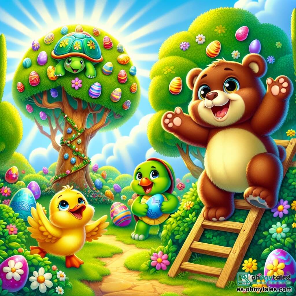 Oso, un oso de peluche sonriente con suave pelaje marrón y ojos brillantes, está subiendo por una escalera de madera para alcanzar un árbol mágico lleno de huevos coloridos. Expresa gran emoción, con los brazos abiertos y una amplia sonrisa en su rostro. A su lado, Tula, una tortuga verde con un caparazón adornado de flores, mira hacia arriba con asombro, sus ojos brillando de alegría. Paco, un pato amarillo con plumas brillantes, se encuentra abajo, riendo y agitando sus alas, mientras que Roco, un pequeño conejo de grandes orejas blancas, se esconde detrás de un arbusto, sosteniendo un huevo brillante y sonriendo con picardía. El lugar es un hermoso jardín primaveral, lleno de flores coloridas, árboles majestuosos y rayos de sol filtrándose a través de las hojas. Huevos de Pascua de colores vivos están esparcidos por el entorno, añadiendo un toque festivo a la escena. La situación principal muestra a Oso buscando huevos en el árbol mágico, rodeado de sus amigos que lo animan y se divierten, creando una atmósfera alegre y llena de camaradería.