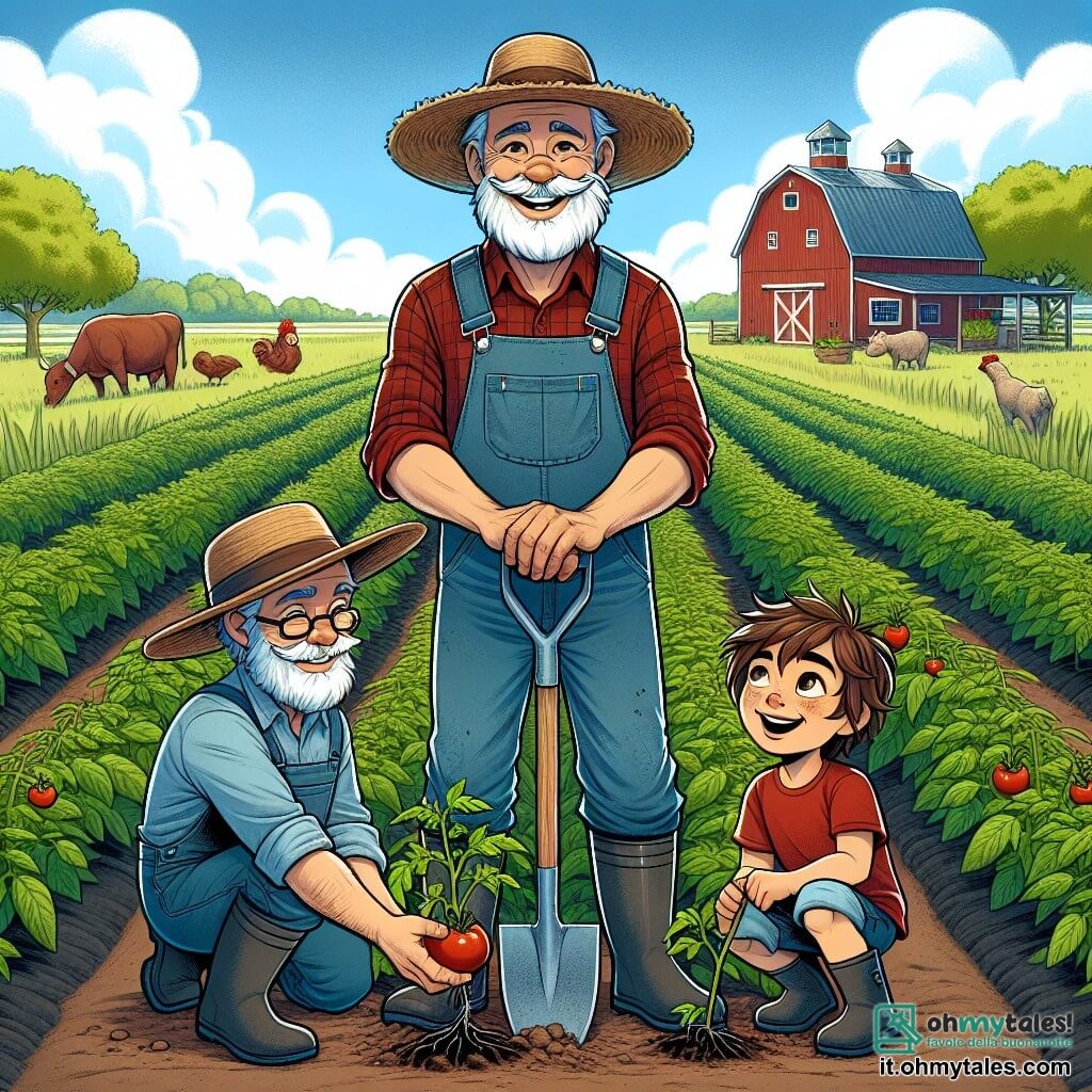 Un agricoltore sorridente, Giovanni, un uomo di mezza età con una barba bianca e un grande cappello di paglia, si trova in un campo verde. Indossa una salopette di denim e stivali di gomma, tenendo una pala in una mano e una piantina di pomodoro nell'altra, con un'espressione di orgoglio sul volto. Accanto a lui, un giovane ragazzo di circa 8 anni di nome Luca, con i capelli castani e indossando una maglietta rossa e pantaloni corti, osserva con meraviglia le piantine appena piantate. È accovacciato, con gli occhi brillanti di curiosità, pronto a imparare. Il paesaggio è un ampio campo di ortaggi, con file di piante verdi che si estendono a perdita d'occhio, sotto un cielo blu punteggiato di nuvole bianche. Sullo sfondo si vede un fienile rosso e animali da fattoria, come mucche e galline. La scena principale mostra Giovanni che insegna a Luca come piantare semi, trasmettendo la sua esperienza con passione e gioia, in un'atmosfera calorosa e amichevole, dove la natura e l'amicizia si intrecciano.