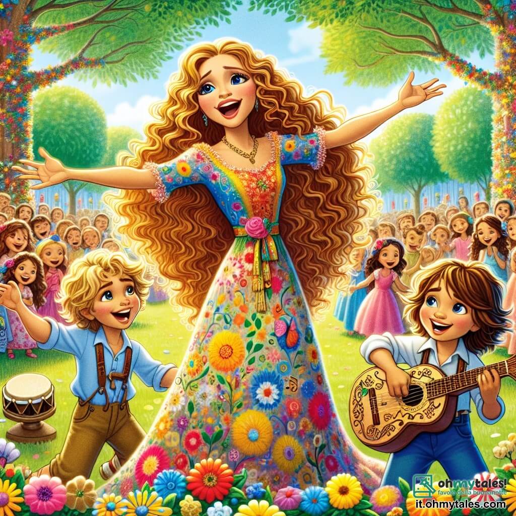 Al centro dell'immagine, Livia, una donna dai lunghi capelli ricci e dorati, irradia gioia. Indossa un abito colorato decorato con motivi musicali e canta con passione, i suoi occhi brillano di emozione. I suoi braccia sono aperte, come se volesse abbracciare la musica che la circonda. Accanto a lei, Marco, un ragazzo di 8 anni con i capelli castani disordinati e un grande sorriso, suona una chitarra fatta a mano. È concentrato e felice, guardando Livia con ammirazione. Poco dietro, Sofia, una bambina di 7 anni con capelli biondi e occhi scintillanti, batte gioiosamente su un tamburo, aggiungendo ritmo alla melodia. Il contesto è un parco vibrante, pieno di alberi con foglie verdi brillanti e fiori colorati. Le persone si radunano attorno a loro, alcuni ballano, altri applaudono, creando un'atmosfera festosa e gioiosa. La scena principale mostra Livia e i bambini che suonano insieme, unendo le loro voci e strumenti per creare una melodia incantevole che fa vibrare il cuore di tutti coloro che li ascoltano.