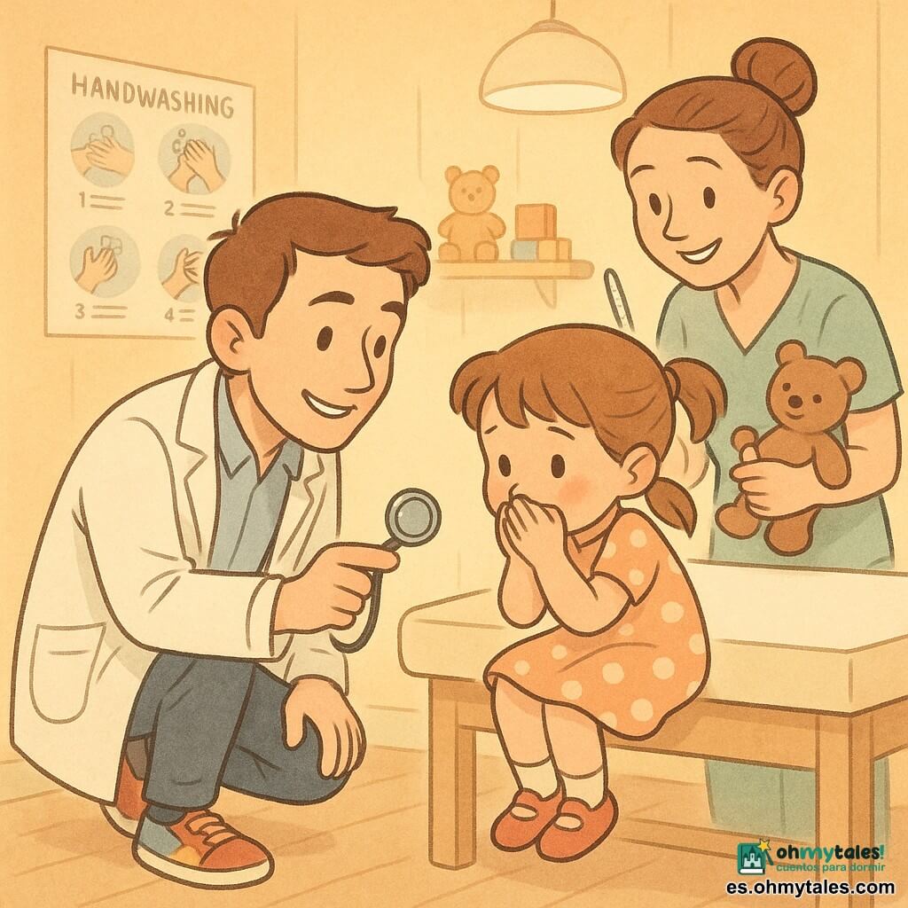 Un hombre, Martín, médico joven de unos 28 años, rostro dulce y sonriente, cabello castaño corto, bata blanca ligeramente abierta y zapatillas coloridas, agachado y extendiendo la mano con un estetoscopio redondo y brillante como un juguete, expresión tranquilizadora; una niña de unos 5 años, pequeña, cabello castaño en coletas, vestido de lunares, sentada sobre la camilla con las manos en la boca, tímida y temerosa pero curiosa, inclinando la cabeza para mirar el estetoscopio; una mujer, Sara, enfermera de unos 30 años, cabello recogido en moño, bata verde clara, de pie detrás de la camilla con sonrisa alentadora, sosteniendo un termómetro y un peluche, ligeramente inclinada hacia la niña; la consulta es acogedora: paredes color miel, carteles sobre lavado de manos, estantería con juguetes de madera, lámpara redonda colgante y suelo de madera clara, luz suave y sombras delicadas; escena íntima y reconfortante donde el médico presenta el estetoscopio como un pequeño tesoro para tranquilizar a la niña con tos, plano cercano, colores pastel, formas redondeadas y ambiente calmado y seguro.