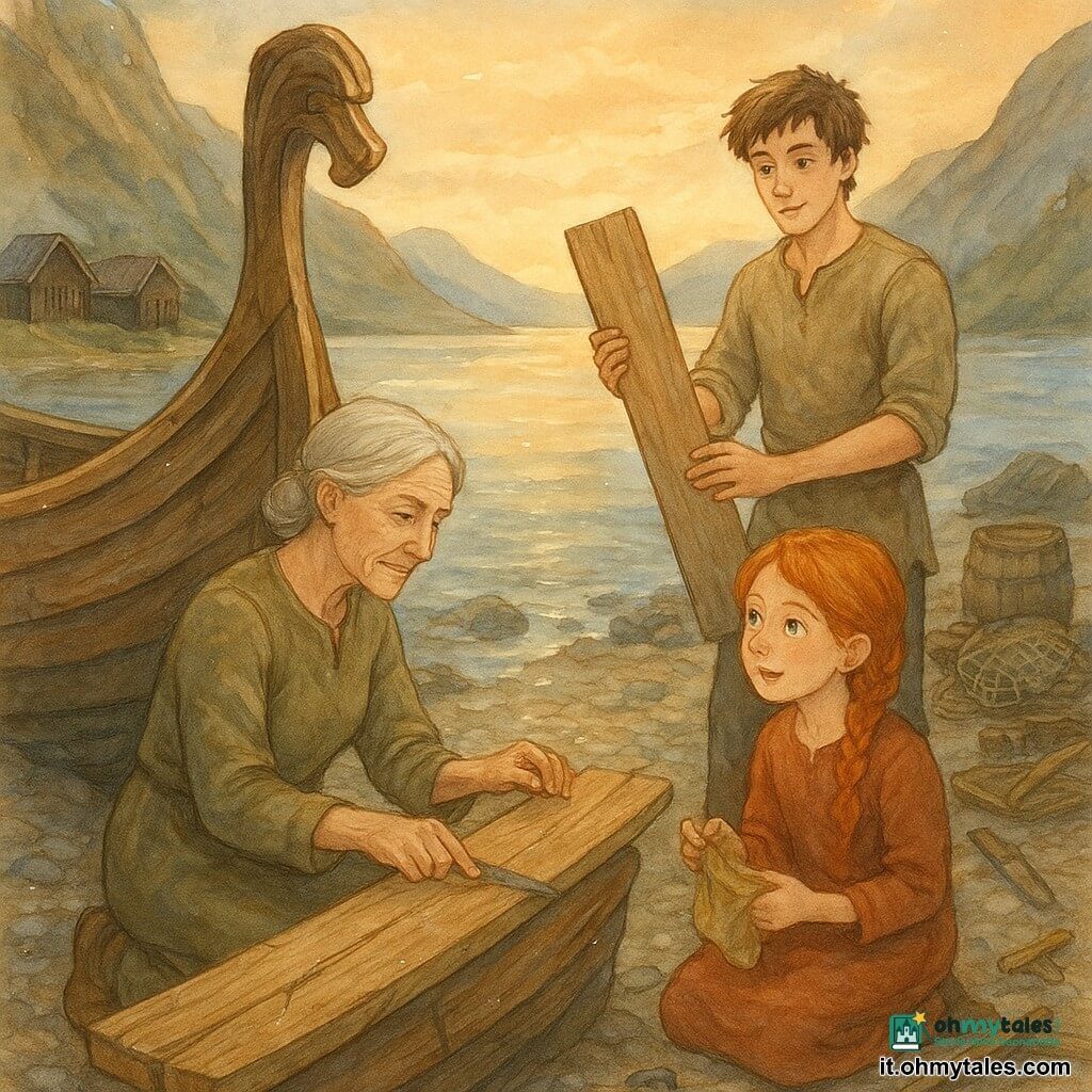 Una donna (Signý), viso segnato dal sale e occhi chiari come acqua fredda, concentrata e serena, è inginocchiata sotto la prua di un drakkar di legno, tiene una lima e accarezza una tavola screpolata; una bambina (Runa) di circa 8 anni, capelli rossi in treccia, guarda incantata tenendo un panno unto vicino alla chiglia accanto a Signý; un ragazzo (Eirik), adolescente di circa 16 anni, capelli castani scompigliati e mani ancora sporche di lavoro, solleva una nuova tavola per passarla a Signý, leggermente indietro accanto a un mucchio di attrezzi; luogo: spiaggia di ciottoli davanti a un profondo fiordo, case di legno scuro sulla riva, montagne scoscese sullo sfondo, reti e barili impilati, luce dorata di tardo pomeriggio che attraversa sottili nuvole; situazione: riparazione intima di un vecchio drakkar danneggiato dopo la tempesta, pezzi di legno nuovi calzati sui vecchi, acqua lucida che riflette le sagome, gesti precisi e silenziosi pieni di pazienza e cura.