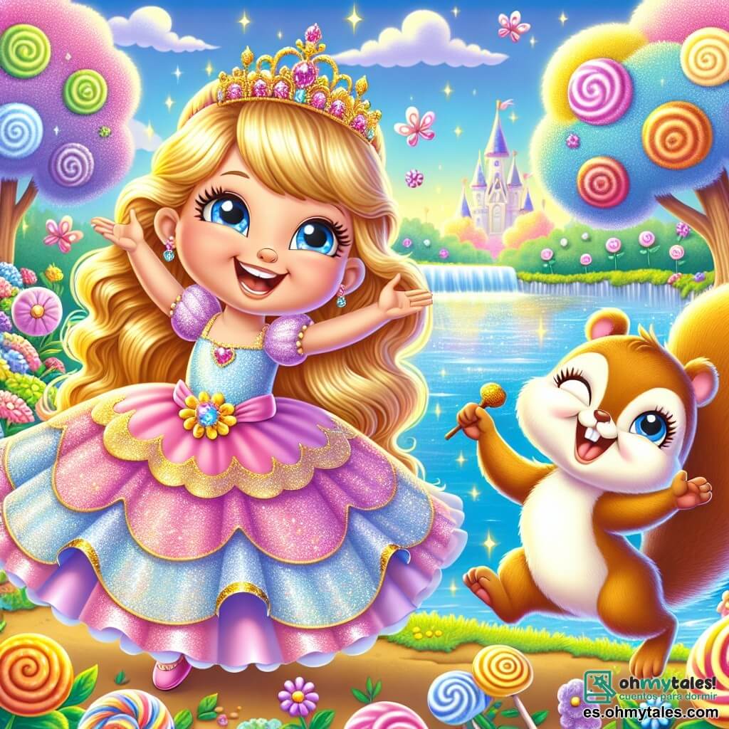 Una princesa alegre, con largos cabellos dorados y un vestido brillante de colores pastel, baila en un jardín encantado, su rostro resplandeciendo de felicidad. A su lado, una pequeña ardilla traviesa, Tito, con pelaje marrón y ojos chispeantes, salta de alegría sosteniendo una pequeña nuez dorada en sus patas. Al fondo, un lago brillante refleja el cielo azul, rodeado de flores multicolores que cantan melodías alegres. La escena irradia una atmósfera de magia y risas, mientras la princesa y Tito celebran su amistad entre árboles de caramelo y arbustos de algodón de azúcar.