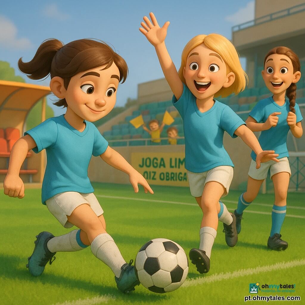 Luzia, jovem jogadora de futebol, sorridente e concentrada, cabelo castanho preso em rabo de cavalo, dá um passe perfeito com o pé direito; Ana, adolescente de ~16 anos, loira de cabelo curto, recebe correndo à frente com os braços levantados; Beatriz, adolescente de ~16 anos, castanha com tranças, posicione-se para chutar perto da pequena área à direita; ao fundo o técnico Miguel, cerca de 40 anos, cabelo sal e pimenta, de jaqueta esportiva, aplaude junto ao banco; estádio pequeno e acolhedor, relvado verde brilhante com linhas brancas, bancos coloridos, placa «JOGA LIMPO. DIZ OBRIGADA.» visível e algumas crianças nas bancadas com bandeiras amarelas; cena de um passe terno e preciso sob um céu azul suave, atmosfera benevolente, cores vivas e sensação de camaradagem em ação.