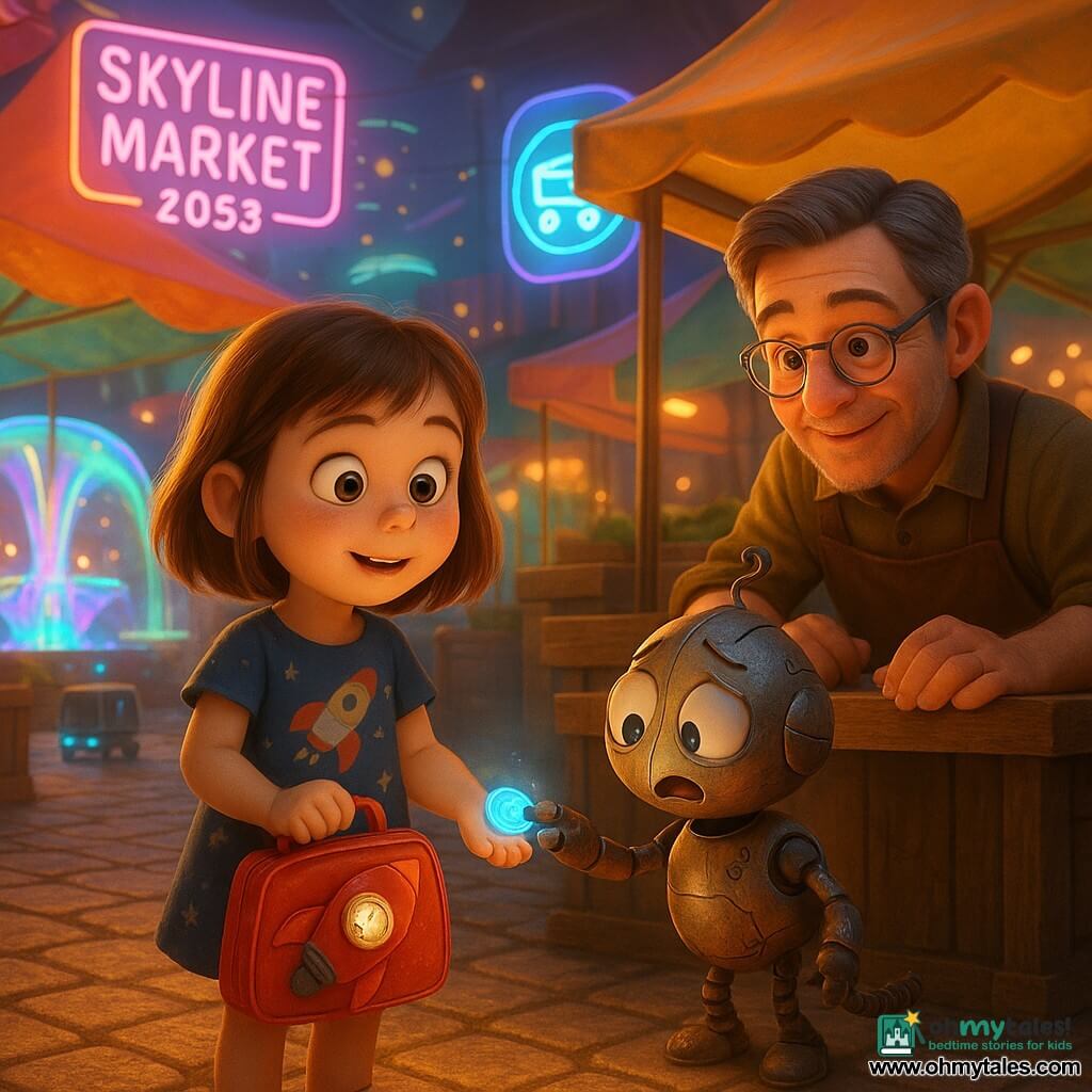 Mila, a brave and amazed 6-year-old with mid-length brown hair and freckles, wearing a simple rocket-pattern dress, clutches a red rocket-shaped lunchbox from which a small silver watch sparkles; a mischievous round child-sized patchwork robot with a spring tail looks surprised and ashamed as it offers a glowing blue token to Mila; a vendor in his 40s with a warm brown apron, salt-and-pepper hair and round glasses crouches behind the wooden stall counter with a gentle smile, ready to take the token; Skyline 2053 market: light paved aisle, translucent colorful tents, neon floating signs, small delivery robots gliding and an iridescent fountain, vivid metallic-reflective colors; main scene: calm bright exchange—Mila returns the slightly vibrating blue token, the watch emits a soft halo, the air shimmers like dissipating heat and background passersby show relief and curiosity; visual style: soft 3D render, saturated warm colors, smooth slightly cartoony textures, golden late-afternoon lighting, focus on faces and token glow.