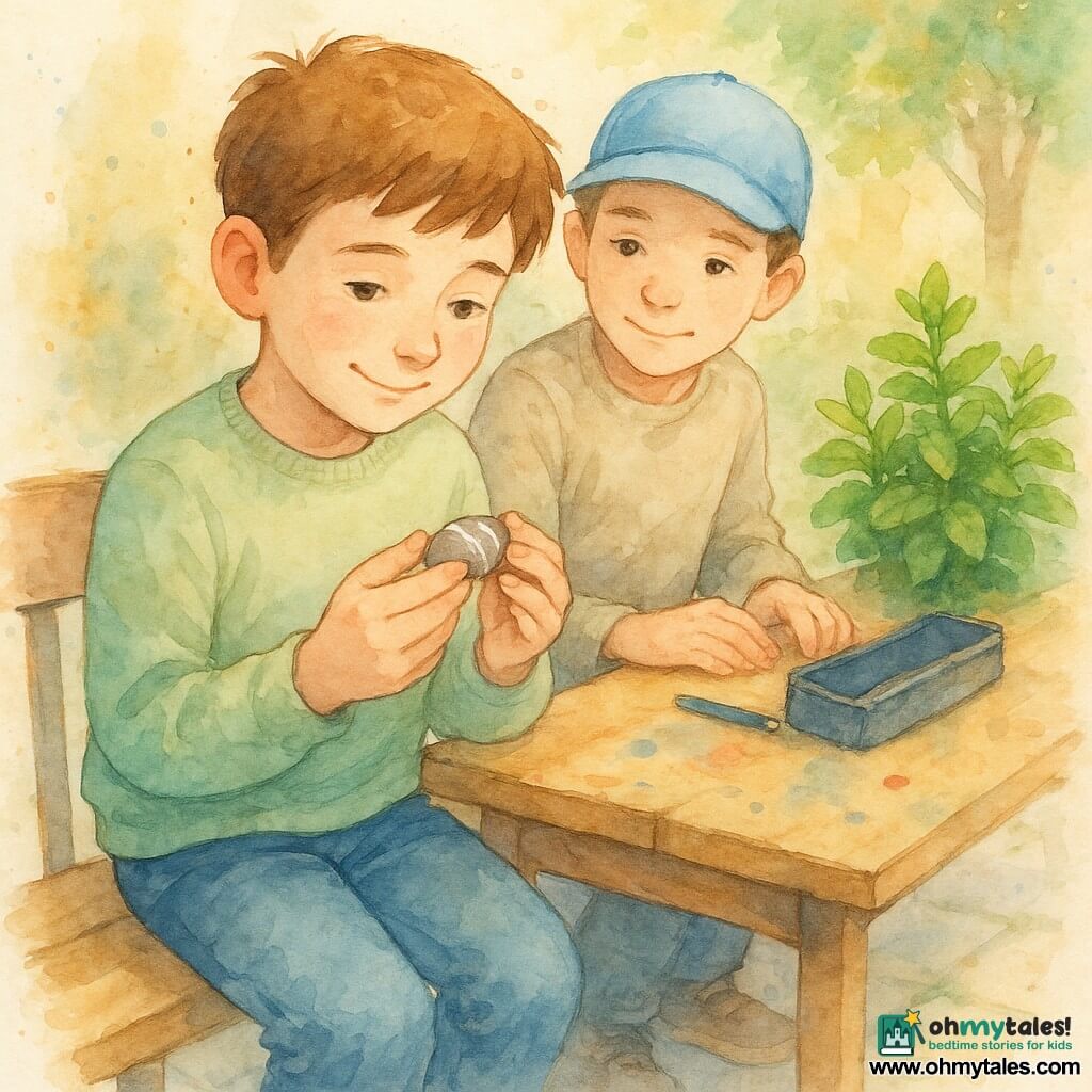 Milo, a 10-year-old boy with a concentrated, gentle face, curious eyes and short brown hair, wearing a pale green sweater and jeans, delicately holds a small smooth stone with white stripes and smiles shyly, while Sami, about 10, with a calm, relieved expression, a sky-blue cap and a slightly reserved posture, sits beside him on a bench with his hands near a pencil case at the table edge, watching the stone; the bench and small school garden show shiny green mint, light paving, a wooden school table with watercolor marks, a few leaves and a soft tree shadow; atmosphere of nascent trust, soft mid-afternoon light, dominant pastel greens, blues and browns, visible watercolor textures and controlled splashes for warmth and movement; composition places Milo in the foreground holding the stone, Sami slightly behind, the table and mint pot to the right in the background, with gentle depth and focus on the hands and stone to symbolize tolerance.