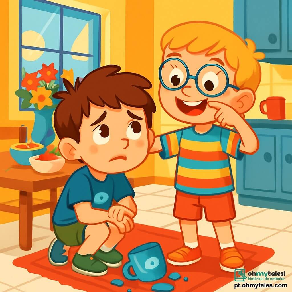 Há 2 personagens principais: - Tomás: um garoto de 8 anos, com cabelos castanhos bagunçados e olhos brilhantes. Ele usa uma camiseta azul com um desenho de peixe e um short verde. Ele está agachado, olhando para um amigo com uma expressão de desculpas no rosto. - Leo: um garoto de 8 anos, com cabelos loiros e óculos redondos. Ele veste uma camisa listrada colorida e um short vermelho. Ele está em pé ao lado de Tomás, sorrindo e fazendo uma careta para confortá-lo. O local da situação principal é uma cozinha iluminada e acolhedora, com paredes amarelas e uma grande janela que deixa entrar a luz do sol. Na mesa, um café da manhã apetitoso está disposto, com tigelas de cereais, frutas frescas e um vaso de flores coloridas. O chão é de azulejos brancos, e um bonito tapete vermelho está colocado no centro. A situação principal da história mostra Tomás, agachado com uma expressão preocupada, segurando um amigo azul quebrado aos seus pés, enquanto Leo, ao seu lado, tenta confortá-lo fazendo uma careta engraçada. A atmosfera é ao mesmo tempo séria e cheia de camaradagem, ilustrando a importância da amizade e da gestão das emoções.