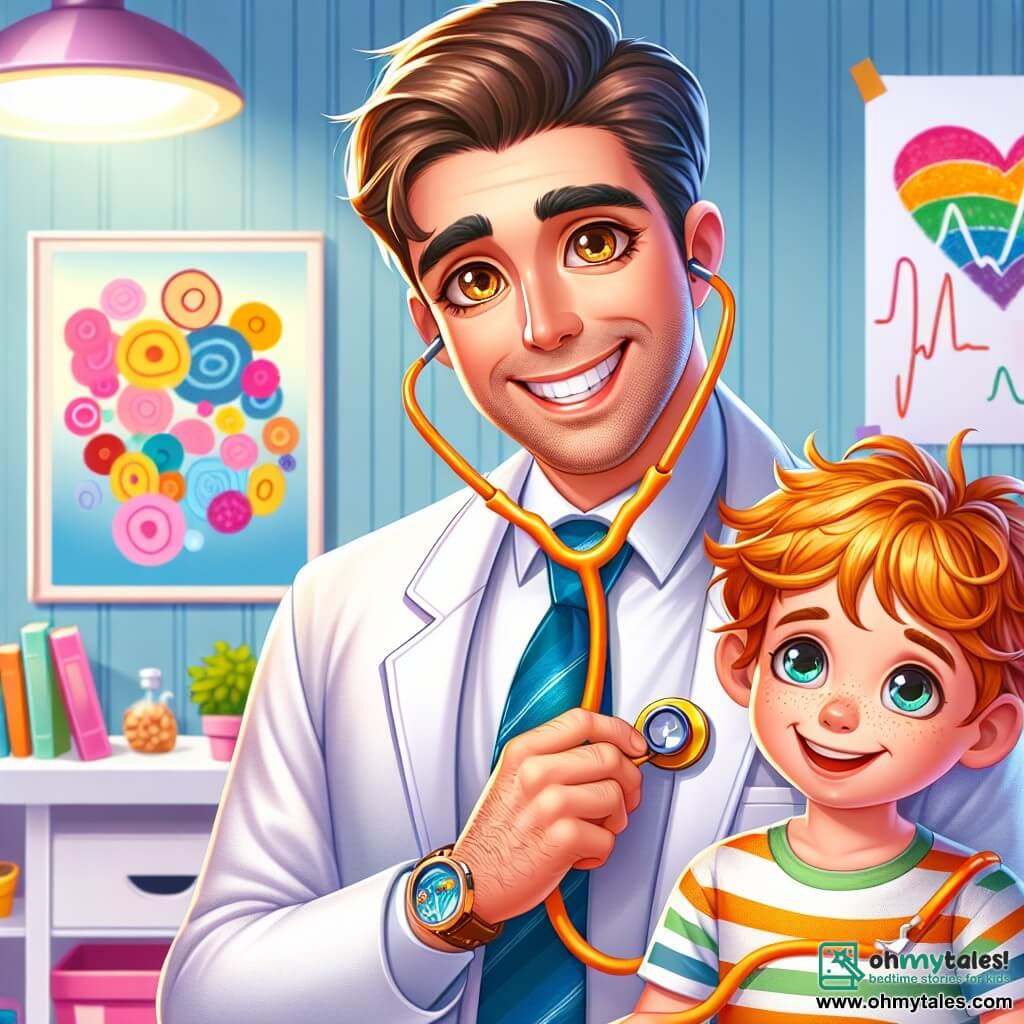 A smiling and warm male doctor, Dr. Thomas, wears a bright white coat and a stethoscope around his neck. His eyes sparkle with kindness as he examines a young boy, Max, who is about 8 years old. Max, with messy brown hair and a curious look, holds a colorful drawing in his hands, depicting Dr. Thomas as a superhero. Their faces are lit by the soft light of a welcoming consultation room, decorated with colorful health posters and children's drawings on the walls. In the background, a shelf filled with toys and children's books adds a joyful touch to the environment. The main scene shows Dr. Thomas listening to Max's heart with a stethoscope, while Max smiles, reassured and excited, ready to share his drawing.