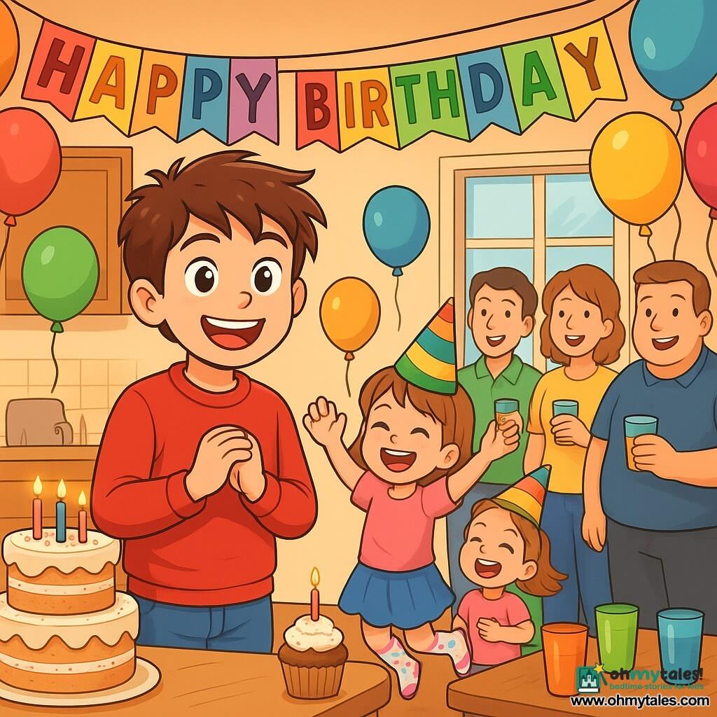 A 10-year-old boy named Theo stands at the center of the scene, beaming with a big smile. He wears a bright red sweater and blue pants, his messy brown hair and excited eyes adding to his joyful demeanor. Next to him, his 6-year-old sister Daisy sports three colorful party hats, laughing and jumping with joy in her unicorn-patterned socks. The scene takes place in a cozy kitchen decorated with colorful balloons and a large "Happy Birthday" banner. A table is filled with cream-decorated cakes and sparkling candles, while colorful glasses are lined up, ready to be raised. Theo, looking determined and happy, prepares to thank all his friends and family gathered around him, creating a festive and joyful atmosphere. The guests' faces are lit by the soft light of the room, each holding a glass, ready to toast to this special moment.