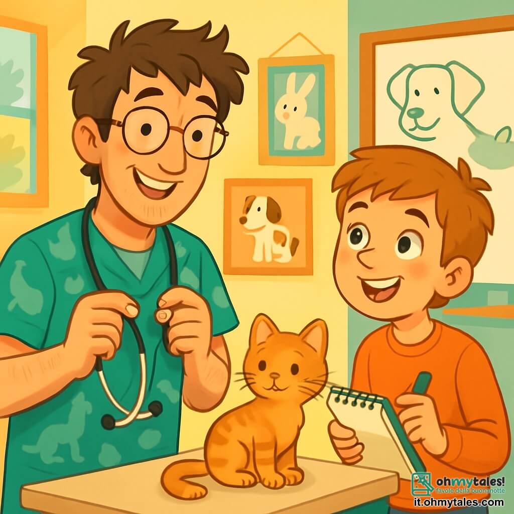 Un veterinario uomo, di circa trent'anni, con capelli castani disordinati e occhiali rotondi, sorride calorosamente mentre tiene uno stetoscopio in mano. Il suo volto esprime passione e benevolenza, e indossa una camicia verde con motivi di animali. Accanto a lui, un ragazzo di dodici anni, con capelli castani e occhi brillanti di curiosità, osserva attentamente, tenendo un quaderno e una penna, pronto a prendere appunti. Si trovano in una clinica veterinaria luminosa, piena di poster colorati di animali, gabbie accoglienti e una grande lavagna con disegni di animali. La scena mostra il veterinario che spiega con entusiasmo le cure da dare a un piccolo gattino, mentre il ragazzo ascolta con ammirazione, gli occhi brillanti di eccitazione.