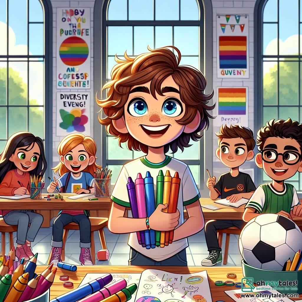 In the center of the image, Mia, an 11-year-old girl with curly brown hair and sparkling blue eyes, stands with a big smile, holding colorful markers. To her right, Alex, an 11-year-old boy wearing glasses, with brown hair and a focused look, writes notes in a notebook. On the left, Lila, an 11-year-old girl with short blonde hair and a soccer t-shirt, gestures enthusiastically while sharing ideas. Finally, Jake, an 11-year-old boy with black hair and glasses, leans over a laptop with furrowed brows, ready to show a video. 

The setting takes place in a bright community center, with large windows letting in sunlight, wooden tables covered with colorful art supplies, and posters on the walls celebrating diversity and equality. 

The main scene shows the group of friends engaged in discussion, surrounded by drawings and notes, working together on their project "Voices for Equality," with expressions of determination and enthusiasm on their faces, illustrating the importance of gender equality.