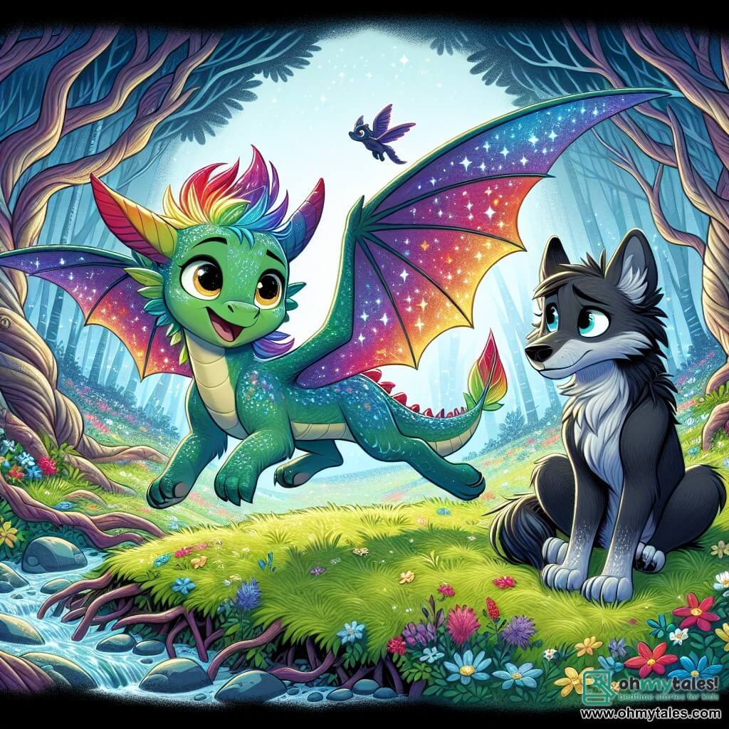 A little dragon named Luna, with shimmering rainbow-colored scales, joyfully flies in the sky, her eyes sparkling with curiosity and courage. She spreads her bright wings, lighting up the air around her. Beside her, the Big Bad Wolf, with fur black as night and shining eyes, looks at Luna with surprise and a shy smile. He stands on a small hill, his sturdy paws anchored in the green grass, beginning to understand that fear can turn into friendship. The setting is a magical forest, where thick, gnarled trees reach towards the sky, their shiny leaves dancing in the wind. Colorful flowers dot the ground, and a sparkling stream winds between the roots of the trees, adding a touch of magic to the environment. The main scene shows Luna, the dragon, offering her friendship to the wolf, as they stand together on the hill, surrounded by the beauty of the forest. Their expressions convey wonder and hope, symbolizing the beginning of a new friendship.