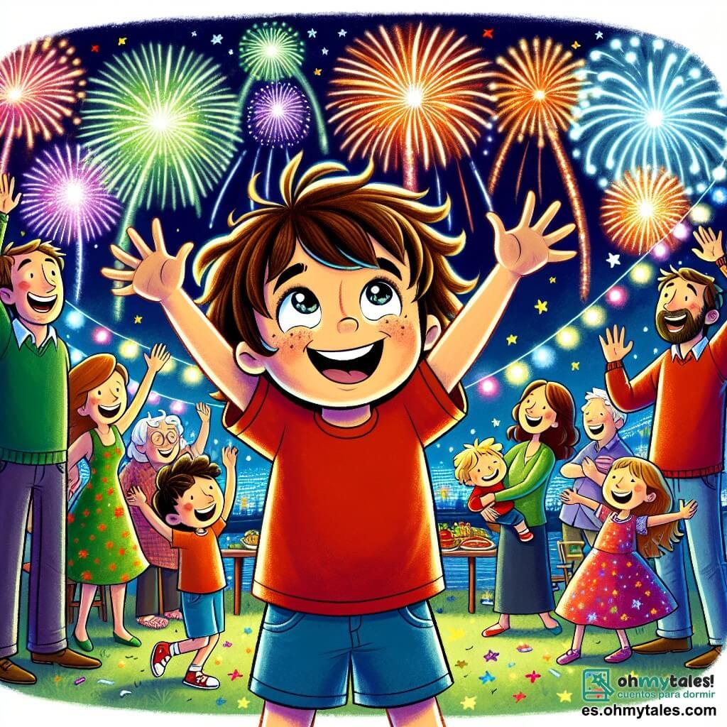 Un niño de 6 años, Miguel, con cabello castaño desordenado y ojos brillantes de alegría, está de pie en el centro de la imagen, con los brazos levantados hacia el cielo, maravillado por los fuegos artificiales coloridos que iluminan la noche. Lleva una camiseta roja y un short azul, y su sonrisa radiante muestra su emoción por el año nuevo. A su lado, su mamá, una mujer de unos 30 años con cabello largo castaño y un vestido colorido, lo observa con orgullo, con las manos en las caderas, compartiendo este momento mágico. Un poco más lejos, su papá, un hombre de unos 35 años con barba ligera y un suéter verde, sostiene a Miguel en sus brazos, riendo y señalando los fuegos artificiales. La escena se desarrolla en un jardín festivo, decorado con guirnaldas luminosas y globos coloridos, con vecinos alegres que bailan y ríen alrededor de una gran mesa llena de deliciosos platillos. El cielo nocturno está lleno de estrellas brillantes, y los fuegos artificiales estallan en una multitud de colores vibrantes, creando una atmósfera festiva. La situación principal muestra a Miguel, maravillado por los fuegos artificiales, rodeado de su familia y amigos, celebrando juntos el año nuevo con risas y sonrisas, listos para recibir nuevas aventuras.
