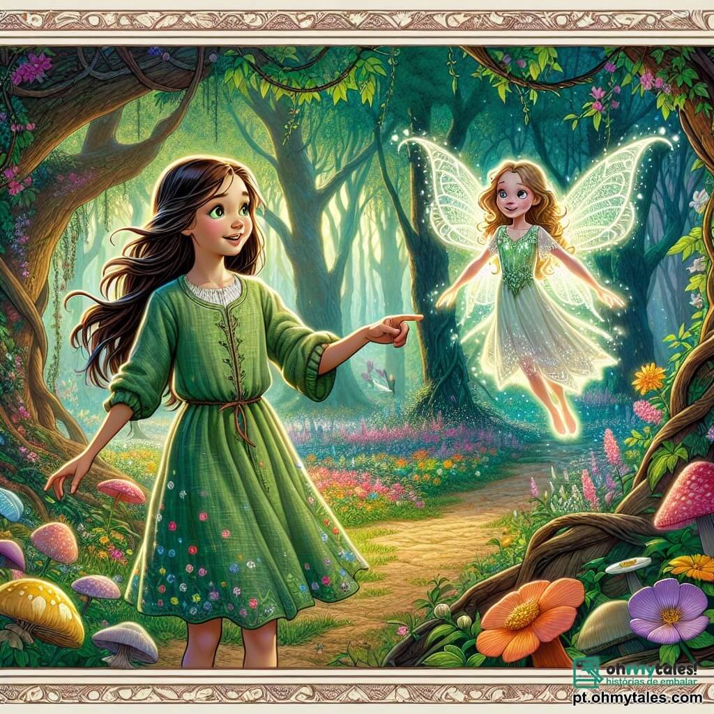 Em uma clareira encantada, Isadora, uma jovem corajosa de cerca de 12 anos, está no centro, com seus longos cabelos castanhos flutuando suavemente na brisa. Ela usa um vestido de linho verde, salpicado de flores coloridas, e seu rosto expressa uma determinação radiante enquanto olha em frente, pronta para enfrentar o desconhecido. Ao seu lado, Lúcia, uma pequena fada luminosa, flutua no ar. Ela tem asas cintilantes e veste um vestido feito de pétalas de flores. Seu rosto radiante mostra uma expressão de encorajamento e excitação, enquanto aponta a direção a seguir. A cena se passa em uma floresta mágica, onde árvores majestosas estão cobertas de cipós floridos e raios de sol filtram através da folhagem, criando padrões de luz no chão. Flores multicoloridas e cogumelos de formas estranhas salpicam o solo, adicionando à atmosfera mágica. Isadora e Lúcia se preparam para entrar na caverna da bruxa Morgana, um lugar escuro e misterioso, cuja entrada é cercada por serpentes de cristal cintilantes. A tensão é palpável, pois elas sabem que devem enfrentar a bruxa para proteger o tesouro mágico e salvar sua terra.
