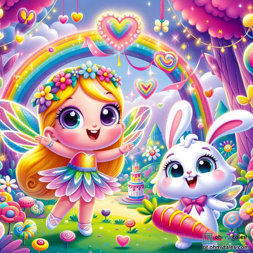 Em um mundo mágico e colorido, uma pequena fada chamada Lili, com asas brilhantes de todas as cores, dança alegremente no meio de uma floresta encantada. Ela tem longos cabelos dourados que flutuam ao seu redor, e seu rosto irradia felicidade enquanto faz piruetas no ar, deixando para trás um rastro de poeira de estrelas. Ao seu lado, um travesso coelhinho chamado Coco, com pelo branco e grandes orelhas caídas, salta de alegria. Ele tem olhos brilhantes e um sorriso travesso, segurando uma grande cenoura em suas patas dianteiras, pronto para compartilhar com seus amigos. A cena se passa em uma floresta encantada, onde as árvores são altas e coloridas, com troncos roxos e folhas em forma de corações. Flores multicoloridas dançam ao ritmo do vento, e um céu rosa pastel se estende acima deles, salpicado de nuvens em forma de doces. Lili e Coco estão preparando uma grande festa, cercados de decorações brilhantes e luzes mágicas, enquanto riem e se divertem juntos, cheios de empolgação para a celebração que se aproxima.