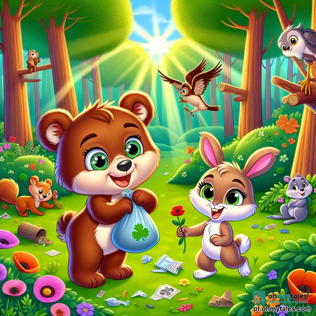 Um pequeno urso marrom chamado Bruno, com olhos brilhantes de curiosidade e um sorriso radiante, está recolhendo lixo em uma floresta verdejante, cercado por grandes árvores com folhas vibrantes. Ao seu lado, uma coquelicot charmosa, Lila, uma pequena coelha de orelhas grandes e pelagem macia, sorri alegremente segurando uma pequena flor que acabou de plantar. Ao fundo, amigos animais, como um esquilo travesso e um pássaro de rapina, os incentivam com expressões entusiasmadas. A cena acontece em uma floresta ensolarada, onde os raios de sol filtram através dos galhos, iluminando flores coloridas e arbustos luxuriantes. Bruno e Lila estão em plena ação, mostrando a importância de cuidar do meio ambiente com gestos amigáveis e alegres.