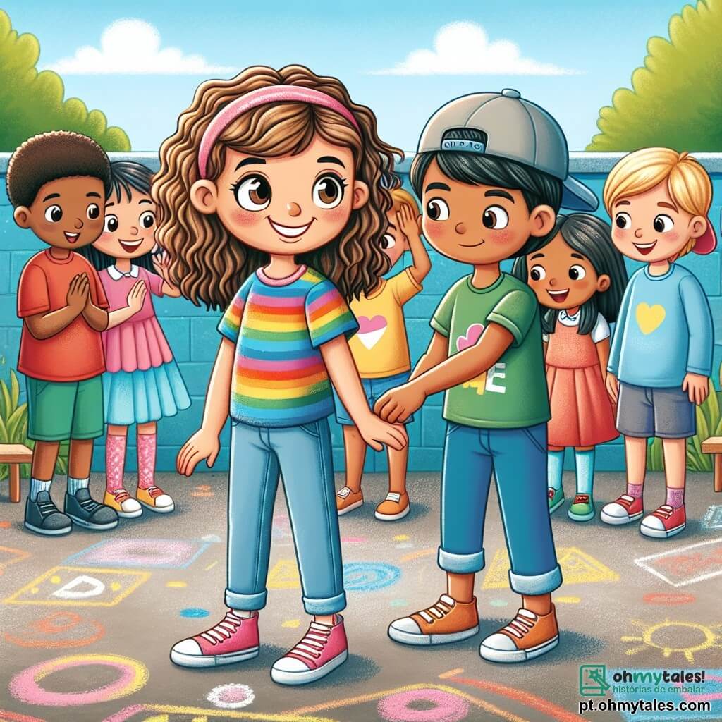 Uma menina de 12 anos, Sofia, está no centro da imagem, com cabelos cacheados e um grande sorriso. Ela usa uma camiseta colorida e jeans, e seu olhar é determinado, mostrando sua vontade de ajudar uma amiga. Ao lado dela, Clara, uma menina tímida de 11 anos com cabelos lisos e um vestido azul, olha para Sofia com gratidão, seus olhos brilhando de esperança. Ao fundo, um grupo de crianças, incluindo um menino de 12 anos chamado Pedro, com cabelo curto e boné, observa com um ar de encorajamento, pronto para apoiar Sofia e Clara. A cena ocorre no pátio de uma escola, cercada por paredes coloridas e brinquedos, onde árvores verdes trazem um toque de natureza. No chão, desenhos com giz colorido adicionam vida ao ambiente. A situação principal mostra Sofia segurando a mão de Clara, pronta para encorajá-la a se levantar contra o bullying, enquanto as outras crianças se reúnem ao redor, exibindo sorrisos e gestos de apoio.