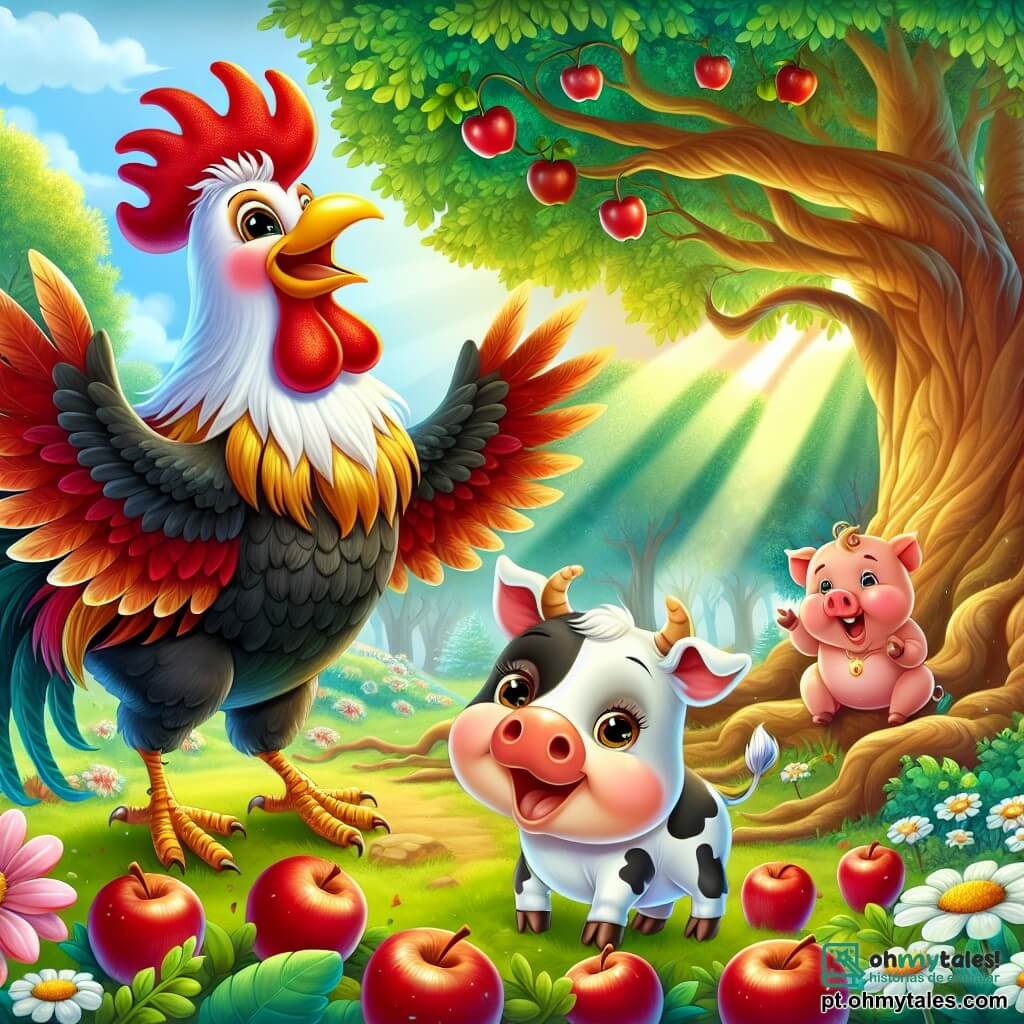 Um galo alegre chamado Quico, com penas coloridas em vermelho e dourado, está no centro da cena, com as asas abertas e um grande sorriso no rosto, pronto para cantar "Cocoricó!". Ao lado dele, uma vaca doce chamada Lulú, com pelagem preto e branco, observa Quico com olhos brilhantes de emoção, balançando seu rabo. Um pequeno porquinho chamado Tico, com pele rosa e bochechas redondas, está um pouco mais atrás, com os olhos fixos em um monte de maçãs brilhantes, com uma expressão gulosa e divertida. A cena acontece em uma floresta mágica, onde grandes árvores de folhas verdes formam um céu sombreado, e flores coloridas estão espalhadas pelo chão. Ao fundo, um grande carvalho majestoso se ergue, cercado por grama macia e raios de sol que penetram pelas ramas. Nesta ilustração, Quico, Lulú e Tico estão preparando uma grande festa, cercados de risos e alegria, com balões coloridos flutuando no ar e iguarias deliciosas dispostas sobre uma toalha xadrez.