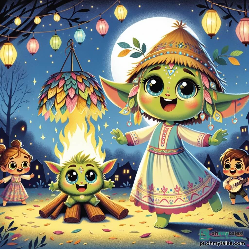 Bolota, uma pequena criatura verde com grandes orelhas pontudas e olhos brilhantes de curiosidade, dança alegremente ao redor de uma grande fogueira, seu rosto radiante de felicidade. Ela usa um pequeno chapéu de palha e um vestido colorido, com os braços levantados para o céu estrelado. Ao seu lado, Amora, sua irmã mais velha, é uma jovem de cabelos cacheados e dourados, vestida com uma túnica leve. Ela sorri entusiasticamente, segurando uma lanterna feita de folhas brilhantes que ilumina seu rosto alegre. Figo, um amigo de cabelos castanhos e óculos redondos, está um pouco afastado, rindo enquanto toca sua pequena lira feita à mão, com os olhos brilhando de excitação. A cena ocorre no jardim da casa da família, onde lanternas coloridas estão penduradas nas árvores, e a suave luz da lua ilumina o chão coberto de folhas. A fogueira crepita alegremente, projetando sombras dançantes nos rostos das crianças. Os personagens celebram juntos o fim do verão, compartilhando histórias ao redor do fogo, cheios de alegria e amizade, criando uma atmosfera calorosa e mágica.