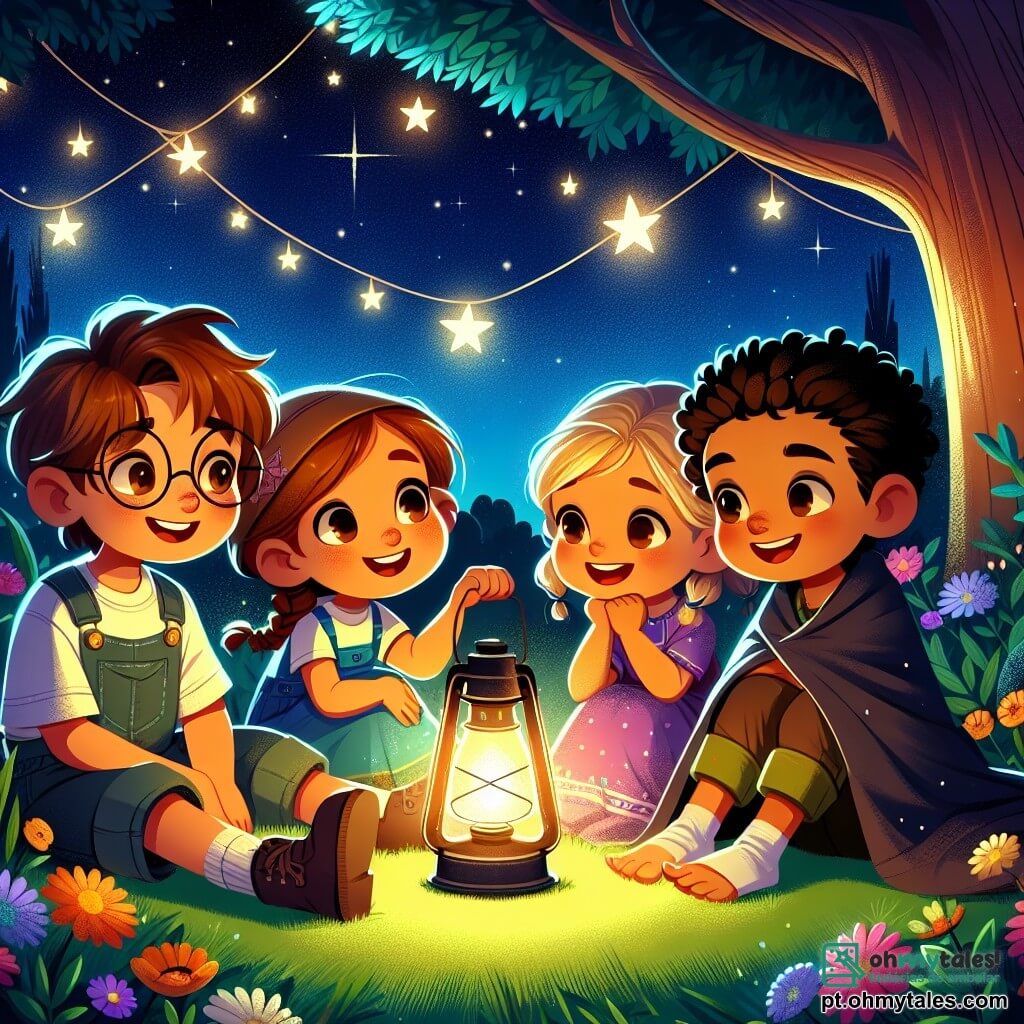 Quatro amigos estão reunidos em um jardim sob um céu estrelado. Miguel, um menino de 10 anos com cabelos castanhos bagunçados e óculos, segura uma lanterna acesa que ilumina seu rosto sorridente. Ana, uma menina de 9 anos com cabelos loiros trançados e um vestido colorido, está sentada ao lado de Miguel, com os olhos brilhando de excitação enquanto conta uma história. João, um garoto de 10 anos com cabelos negros e curtos, está um pouco afastado, com os braços cruzados, mas com um sorriso corajoso, pronto para ouvir. Luísa, uma menina de 9 anos com cabelos castanhos cacheados, está sentada um pouco mais longe, segurando um cobertor ao seu redor, mas seu olhar é determinado e curioso. O jardim está cheio de flores coloridas, e uma grande árvore se ergue ao centro, suas ramificações se estendendo como braços na escuridão. A luz da lanterna cria sombras dançantes na grama, adicionando um toque de magia à cena. Os amigos estão compartilhando histórias para superar o medo do escuro, rindo e se encorajando mutuamente, enquanto as estrelas cintilam acima deles, criando uma atmosfera acolhedora e reconfortante.