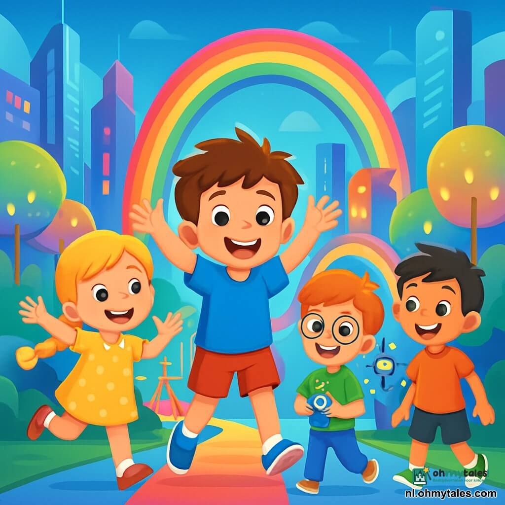 Er zijn 4 kinderen: Sem: een 5-jarig jongetje met rommelig bruin haar, in een blauwe t-shirt en een rode short, staat in het midden, glimlachend en zijn armen in de lucht, opgewonden voor het avontuur. Noor: een 5-jarig meisje met lange gevlochten blonde haren, in een gele jurk met stippen, springt van blijdschap links van Sem, met stralende ogen van enthousiasme. Finn: een 5-jarig jongetje met rood haar en ronde bril, in een groene t-shirt en een spijkerbroek, staat rechts van Sem met een klein robotje dat in zijn hand schittert. Liam: een 5-jarig jongetje met zwart haar en sproeten, in een oranje t-shirt en een zwarte short, staat iets verder naar achteren, kijkt met een grote glimlach naar de scène, klaar om zijn vrienden te vergezellen. De setting is de prachtige futuristische stad Lumina, met hoge glinsterende gebouwen en kleurrijke glazen gevels die zonlicht reflecteren. Verlichte bomen omringen de straten en zwevende lichtpaden leiden naar een grote speeltuin vol glinsterende structuren en leuke robots. Op de achtergrond verbindt een grote regenboogbrug twee delen van de stad, verlicht door lampen die van kleur veranderen. De kinderen zijn vol energie en opwinding, klaar om samen een avontuur te beleven in deze magische stad waar alles levendig en vrolijk lijkt.