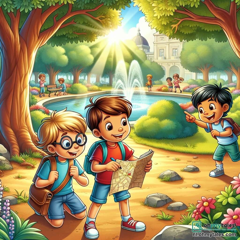 Drie jongens zijn samengekomen in het midden van een zonnig park. Tommy, een negenjarige jongen met bruin haar en een bril, draagt een rode t-shirt en een blauwe korte broek. Hij houdt een schatkaart in zijn handen en kijkt opgewonden. Aan zijn rechterkant kijkt Sam, een andere negenjarige jongen met blond haar en een grote bril, aandachtig naar het notitieboekje dat hij vasthoudt, klaar om aanwijzingen op te schrijven. Aan de linkerkant wijst Joris, een tienjarige jongen met zwart haar en een brede glimlach, naar een grote boom, waar ze denken een aanwijzing te hebben gevonden. Het park is levendig met kleurrijke bloemen en majestueuze bomen die schaduw bieden. Achterin schittert een klein water onder de zon, terwijl kinderen rond de fontein spelen. De situatie laat de drie vrienden zien die bezig zijn met hun zoektocht naar aanwijzingen om het mysterie van een mysterieuze kiste op te lossen. Ze zijn gefocust en vastberaden, klaar om de laatste aanwijzing te ontcijferen die hen naar de verborgen schat zal leiden.