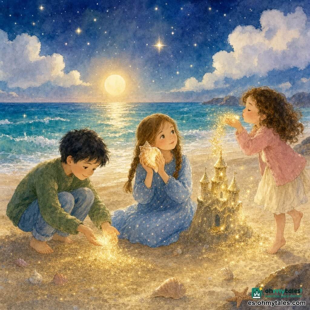 Hay tres niños: Clara (~9 años), cabello castaño claro en dos trenzas, vestido azul claro con lunares blancos, sentada en el centro con mirada dulce, sostiene una concha luminosa junto al pecho; Mateo (~9 años), cabello corto y negro, jersey verde musgo y vaqueros claros, a la izquierda de Clara, agachado recogiendo arena-destello dorada con las manos; Lucía (~8 años), cabello castaño rizado, cárdigan rosa pálido y falda crema, a la derecha de Clara, de puntillas soplando sobre un pequeño castillo de polvo de estrellas. Lugar: playa nocturna mágica con arena que brilla como polvo de oro, olas translúcidas turquesa y plateadas, cielo estrellado y brisa que mueve granos de arena luminosa. Situación: los tres construyen un castillo de polvo de estrellas junto al agua, bañados por una luz cálida y tenue, ambiente tranquilo en tonos pastel y textura acuarela, luz suave de una gran estrella baja en el horizonte.