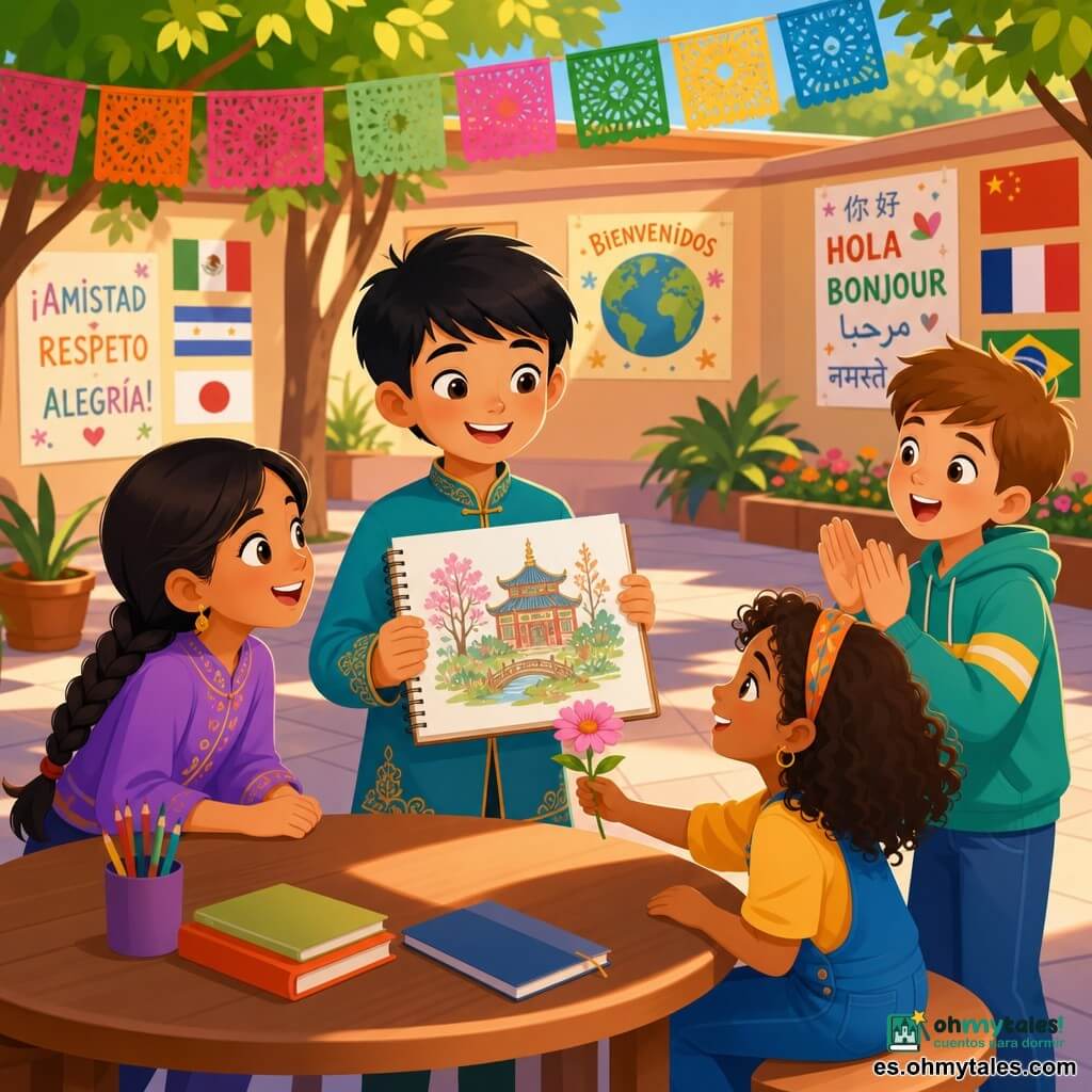 Niño de 10 años, Xian-Tu, rostro suave y ojos brillantes, expresión alegre y serena, pelo negro liso, ropa colorida con pequeño motivo tradicional, sostiene un cuaderno de dibujos mostrando una página; niña de ~10 años, Aisha, trenza y sonrisa entusiasmada, apoya en la mesa del club observando el dibujo; niño de ~10 años, Leo, pelo castaño corto, aplaude de pie a la derecha con rostro maravillado; niña de ~10 años, Maya, pelo rizado y mirada cómplice, sentada en un banco ofreciendo una flor a Xian-Tu; patio escolar luminoso con árboles verdes, guirnaldas de papel multicolores y carteles con banderas y palabras en varios idiomas, suelo en losas y mesa redonda al centro; escena: grupo reunido en la mesa del "Club de las Diferencias" compartiendo un dibujo y sonrisas en atmósfera cálida, paleta viva y contraste suave de luz de tarde; estilo: ilustración flat design moderna con degradados suaves, contornos nítidos y colores infantiles vivos.