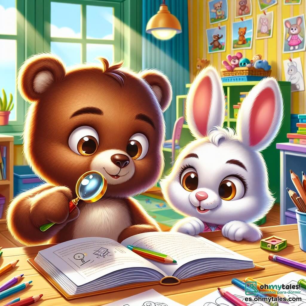 Un pequeño oso de peluche llamado Bruno, con un suave pelaje marrón y ojos brillantes, lleva una pequeña lupa y muestra una expresión decidida mientras examina un libro abierto en un escritorio. A su lado, una pequeña coneja llamada Lila, con pelaje blanco y grandes orejas, observa con curiosidad el libro, su rostro iluminado por la emoción de la aventura. El lugar es un aula colorida, con paredes pintadas de amarillo, estanterías llenas de libros y dibujos de niños colgados. Al fondo, una gran ventana deja entrar la luz del sol, iluminando la escena. La situación principal muestra a Bruno y Lila, en medio de su investigación, descubriendo pistas sobre la desaparición de los juguetes, rodeados de lápices, hojas de papel y juguetes esparcidos, listos para resolver el misterio juntos.
