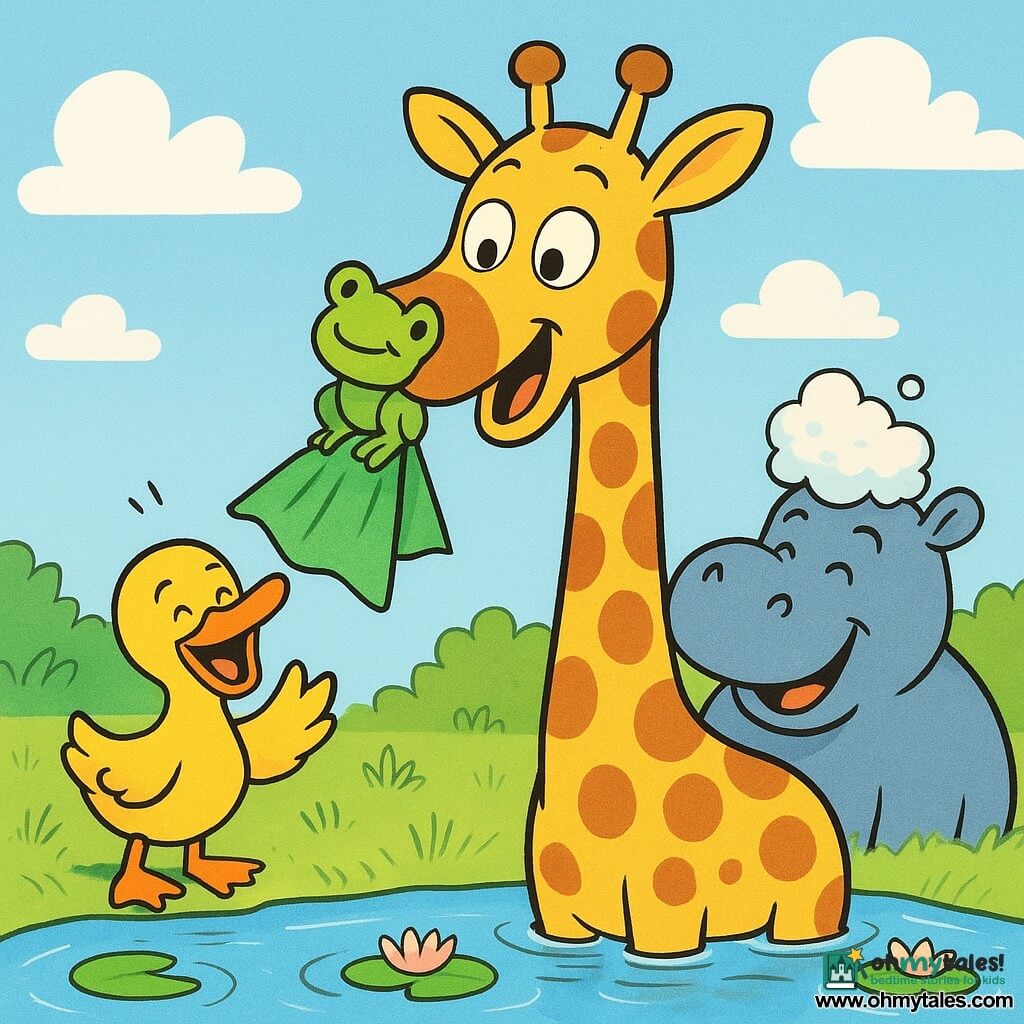 A smiling, surprised giraffe with a long neck and soft spots has a wet nose with a small green towel stuck to it; a bright yellow duck at the water's edge to the giraffe's left holds a corner of the towel and laughs; a round, mischievous green frog perches on the towel like a boat; a friendly gray-blue hippo behind the giraffe blows a big soap bubble that forms a foamy hat; the scene is a small clear pond with pink water lilies, tender green grass, simple flowers and a soft blue sky with rounded clouds; the towel flies from the giraffe's nose like a flag with the frog "navigating" on it, all animals laugh, bright colors, bold outlines, simple readable composition for toddlers.